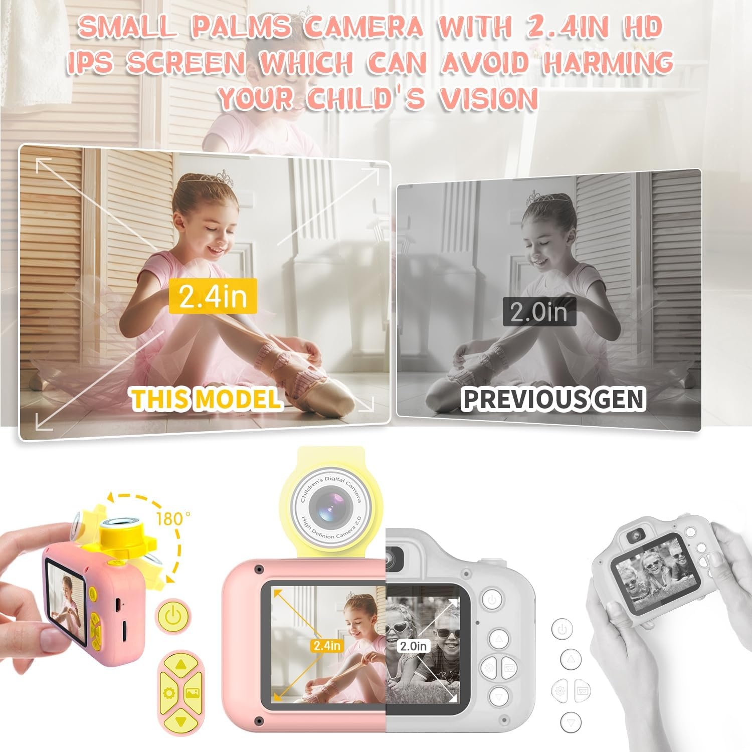 ARNSSIEN Roze Kinderen Camera met 180° Draaibare Lens en 2.4 Inch Scherm
