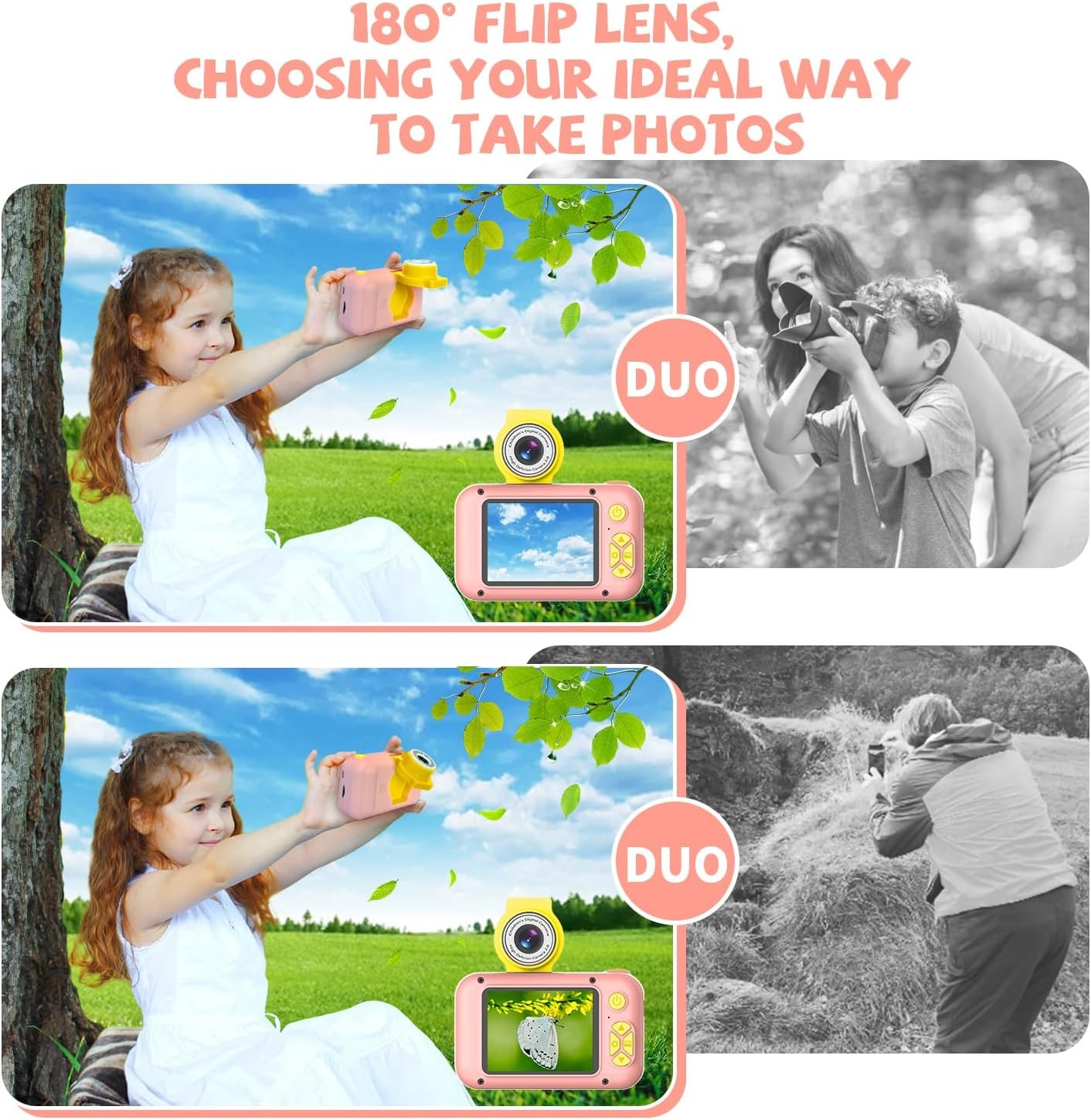 ARNSSIEN Roze Kinderen Camera met 180° Draaibare Lens en 2.4 Inch Scherm