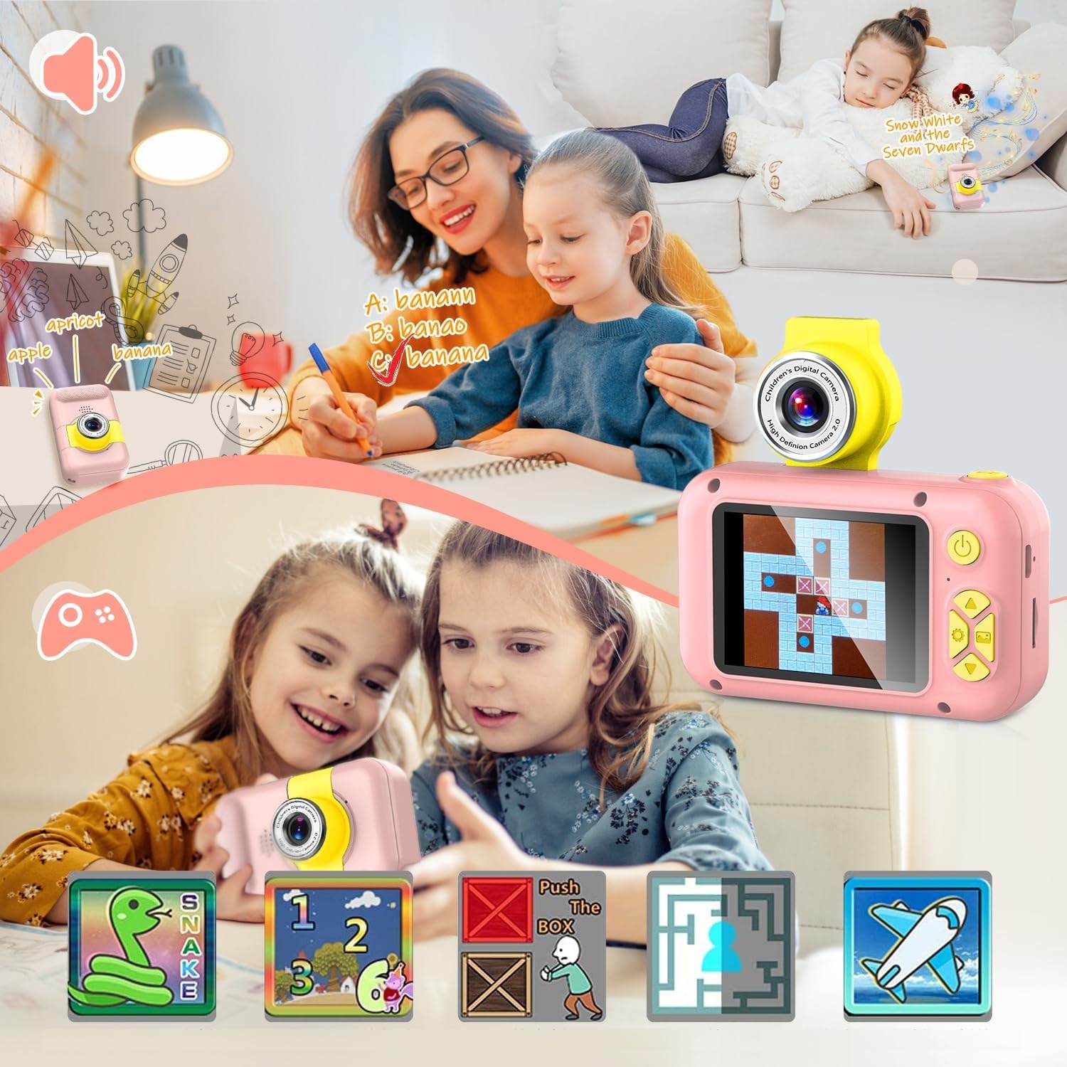 ARNSSIEN Roze Kinderen Camera met 180° Draaibare Lens en 2.4 Inch Scherm