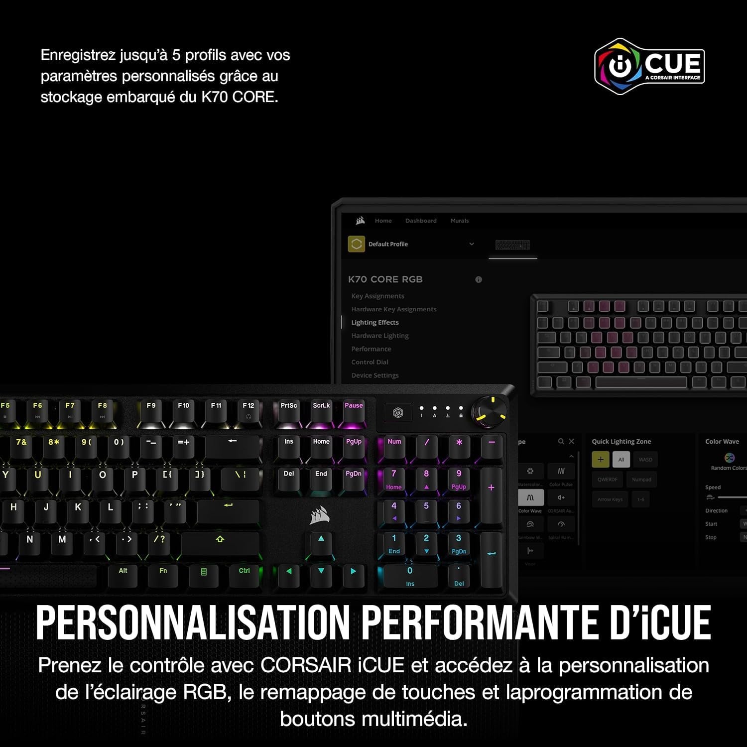 CORSAIR K70 Core RGB Mechanisch Gaming Toetsenbord met Palmsteun - Voorgesmeerde lineaire toetsen Corsair MLX Red - Geluidsdemping - Compatibel met iCUE - AZERTY FR - Zwart