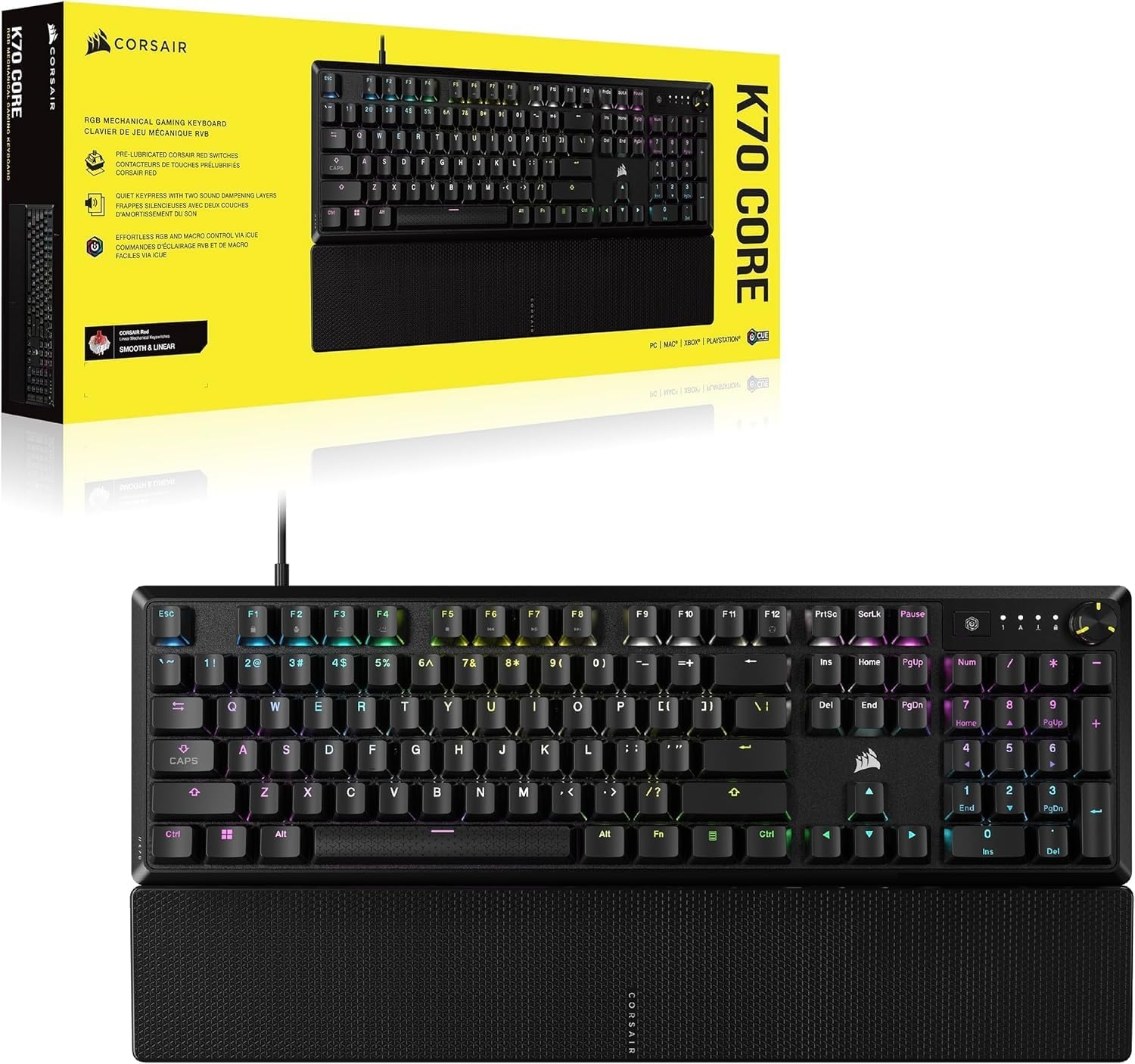 CORSAIR K70 Core RGB Mechanisch Gaming Toetsenbord met Palmsteun - Voorgesmeerde lineaire toetsen Corsair MLX Red - Geluidsdemping - Compatibel met iCUE - AZERTY FR - Zwart