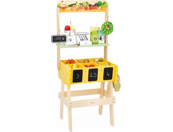 Janod J03322 - Kinderhandelaarsmarkt, imitatiespel voor kinderen, 32 accessoires, ontwikkelt verbeeldingskracht, FSC houten speelgoed, waterschilderwerk, geschikt voor kinderen vanaf 3 jaar