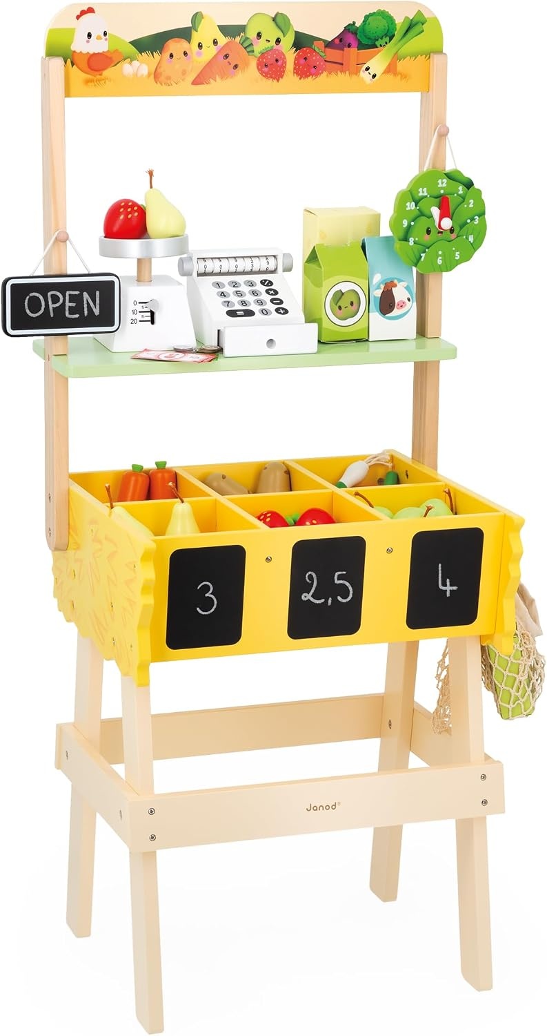 Janod J03322 - Kinderhandelaarsmarkt, imitatiespel voor kinderen, 32 accessoires, ontwikkelt verbeeldingskracht, FSC houten speelgoed, waterschilderwerk, geschikt voor kinderen vanaf 3 jaar