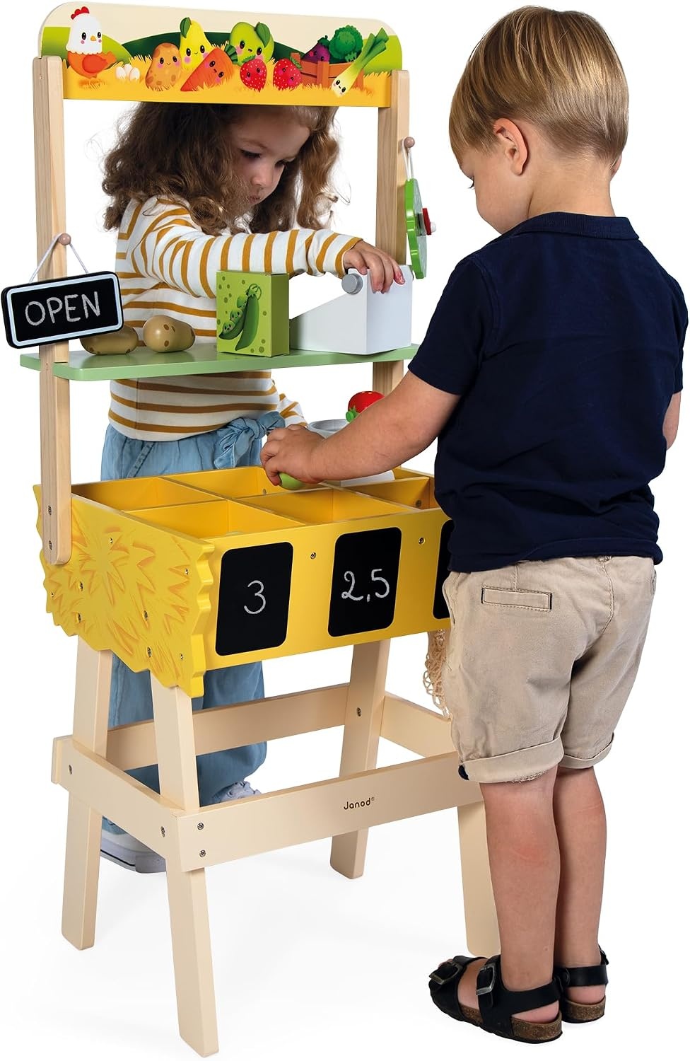 Janod J03322 - Kinderhandelaarsmarkt, imitatiespel voor kinderen, 32 accessoires, ontwikkelt verbeeldingskracht, FSC houten speelgoed, waterschilderwerk, geschikt voor kinderen vanaf 3 jaar