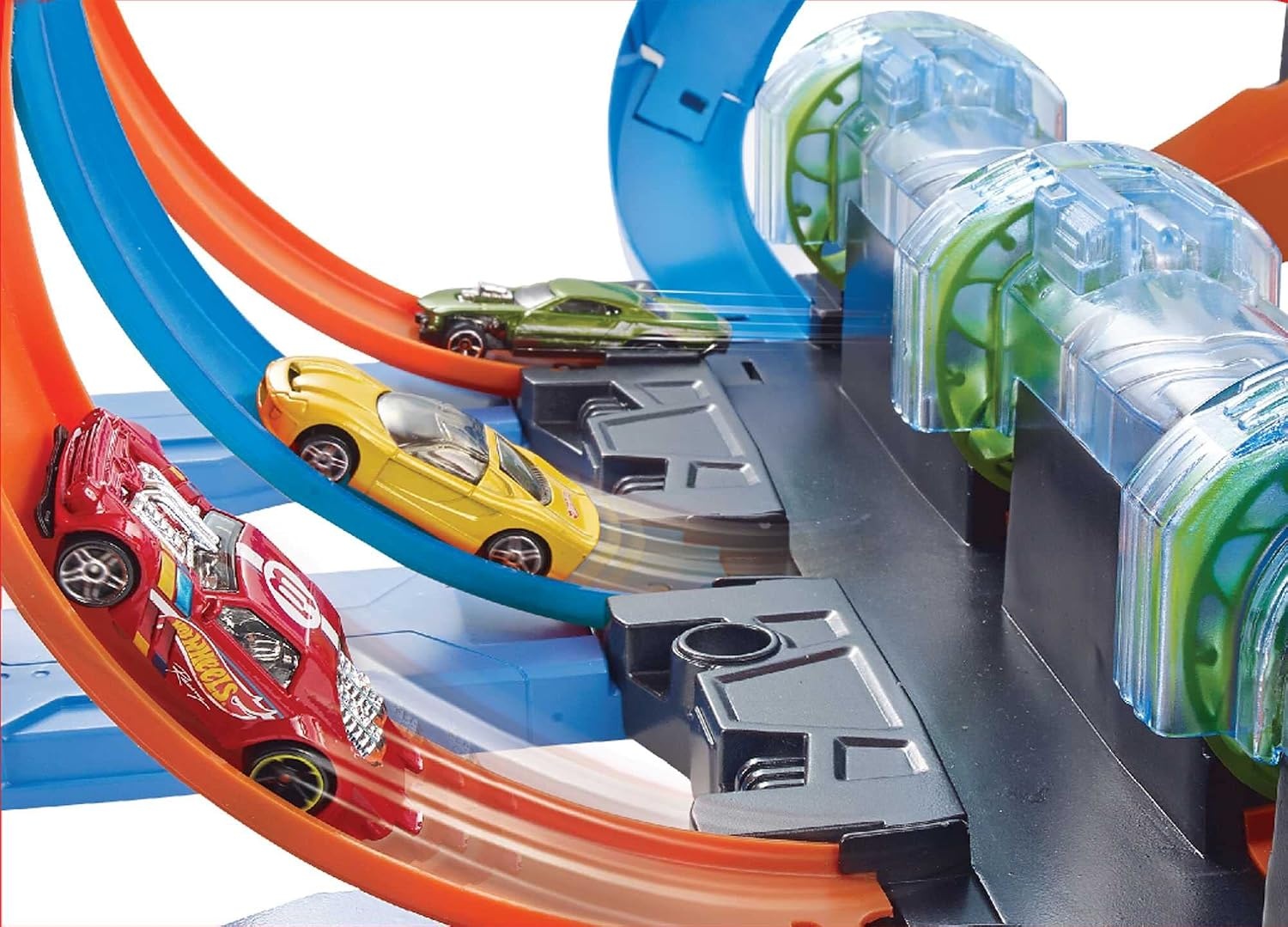 Hot Wheels Spiraal Crash Baanset met gemotoriseerde boosters, FTB65