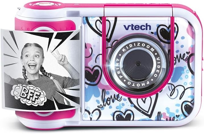 VTech - KidiZoom Print Cam Roze, Instant Print Camera, Foto, Selfie, Video, Kleurendisplay, Stickers, Filters en Grappige Effecten, Cadeau voor Kinderen vanaf 5 Jaar - Inhoud in het Frans | Digitale camera voor kinderen vanaf 5 jaar, onmiddellijke afdruk,