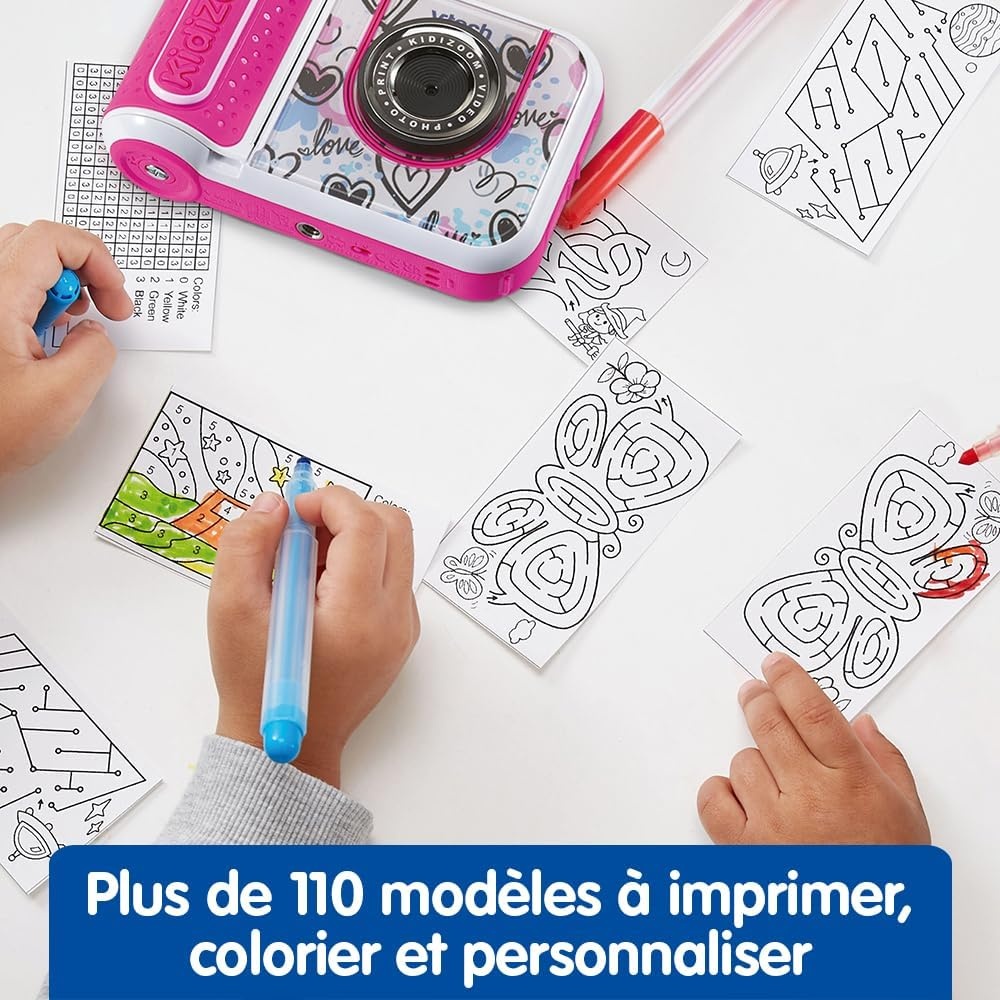 VTech - KidiZoom Print Cam Roze, Instant Print Camera, Foto, Selfie, Video, Kleurendisplay, Stickers, Filters en Grappige Effecten, Cadeau voor Kinderen vanaf 5 Jaar - Inhoud in het Frans | Digitale camera voor kinderen vanaf 5 jaar, onmiddellijke afdruk,