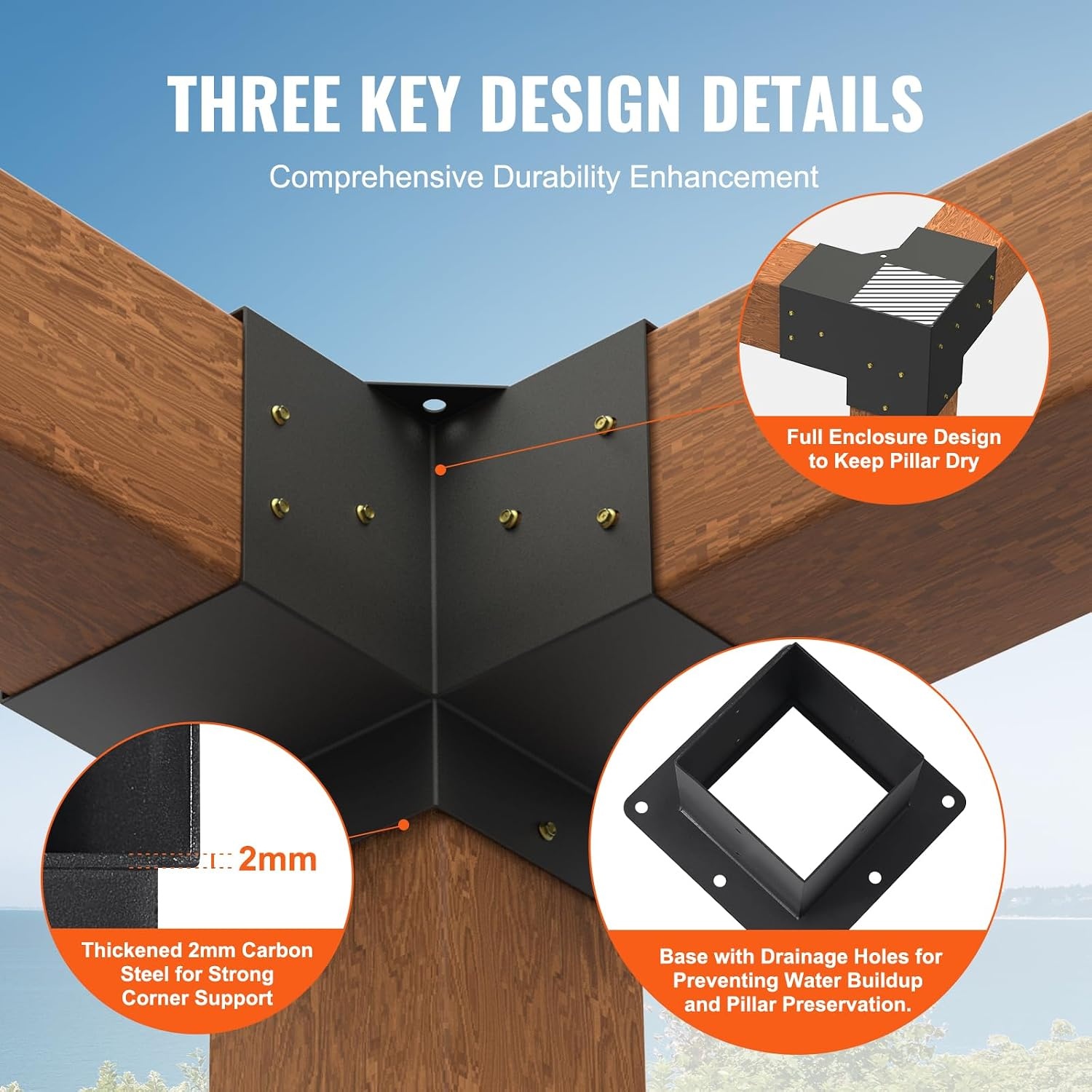 VEVOR Pergola Bracket Kit 6''x6'', 8pcs (4pcs 3-Way,4pcs Base) Heavy Duty Corner Bracket Woodworks DIY Post Base Kit, Easy Installation Wooden Beams for Gazebos, Patio Pergolas, Log Cabin Outdoor