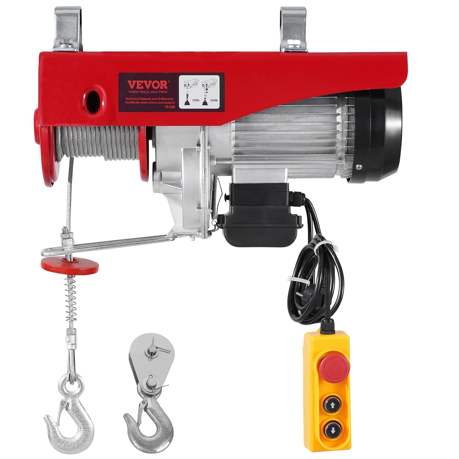 VEVOR Elektrische katrol met dubbele kabel, max. belasting 1200 kg, kabelafstandsbediening 4,2 m, hefhoogte enkele kabel 12 m, katrol noodstop, hefbrug voor garage, magazijn, fabriek