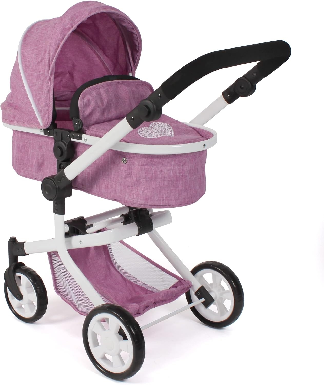 Bayer Chic 2000® 2in1 Puppenwagen Mika – Jeans Pink – faltbar – höhenverstellbarer Griff 47-80 cm – modernes Gestell – Puppen bis 52 cm – 4-8 J.