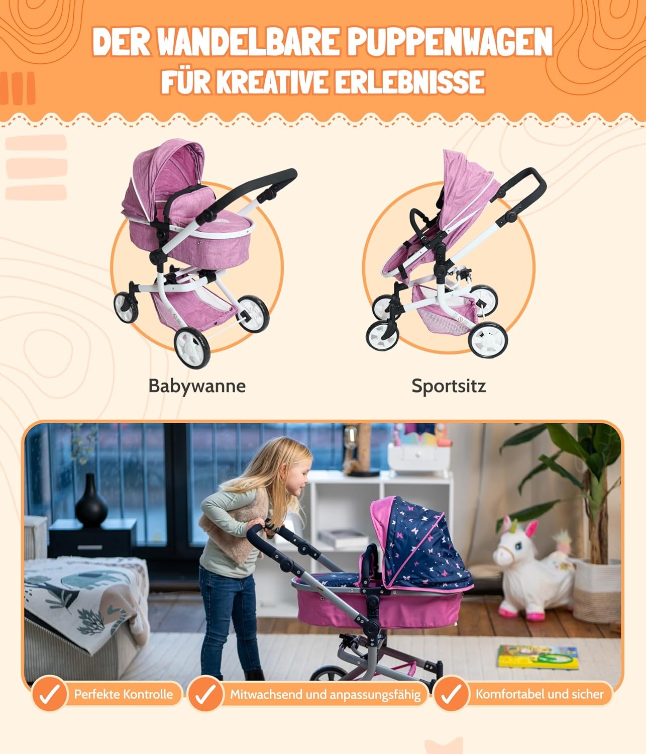 Bayer Chic 2000® 2in1 Puppenwagen Mika – Jeans Pink – faltbar – höhenverstellbarer Griff 47-80 cm – modernes Gestell – Puppen bis 52 cm – 4-8 J.