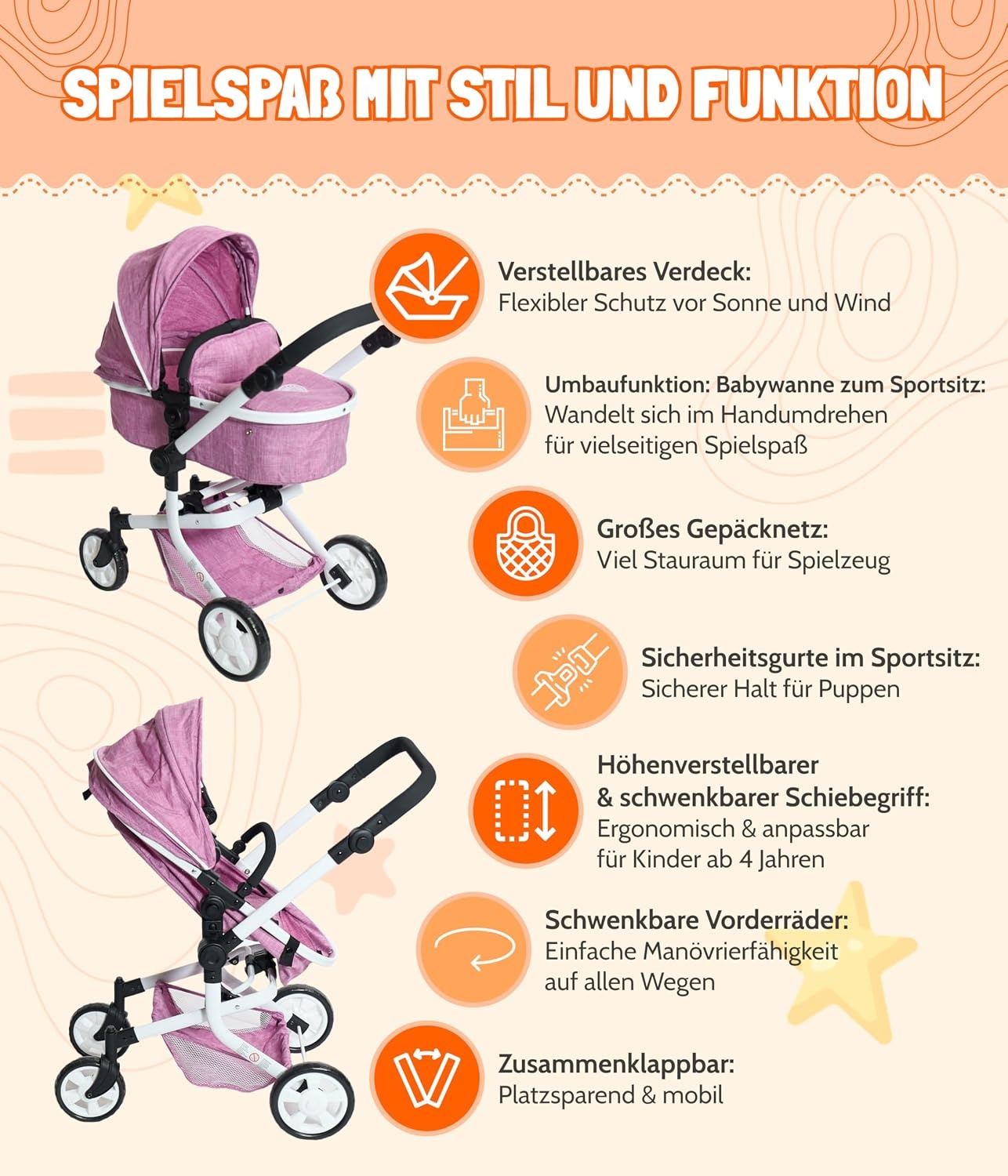 Bayer Chic 2000® 2in1 Puppenwagen Mika – Jeans Pink – faltbar – höhenverstellbarer Griff 47-80 cm – modernes Gestell – Puppen bis 52 cm – 4-8 J.