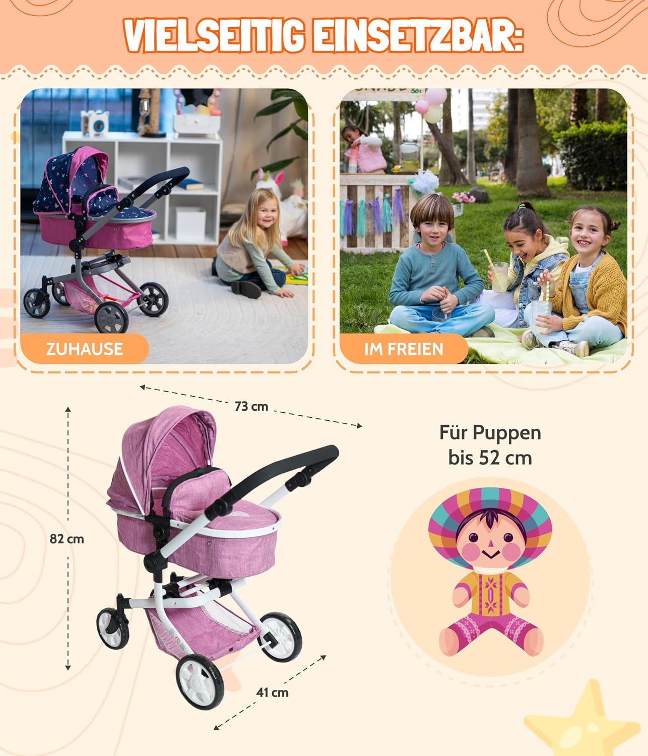 Bayer Chic 2000® 2in1 Puppenwagen Mika – Jeans Pink – faltbar – höhenverstellbarer Griff 47-80 cm – modernes Gestell – Puppen bis 52 cm – 4-8 J.