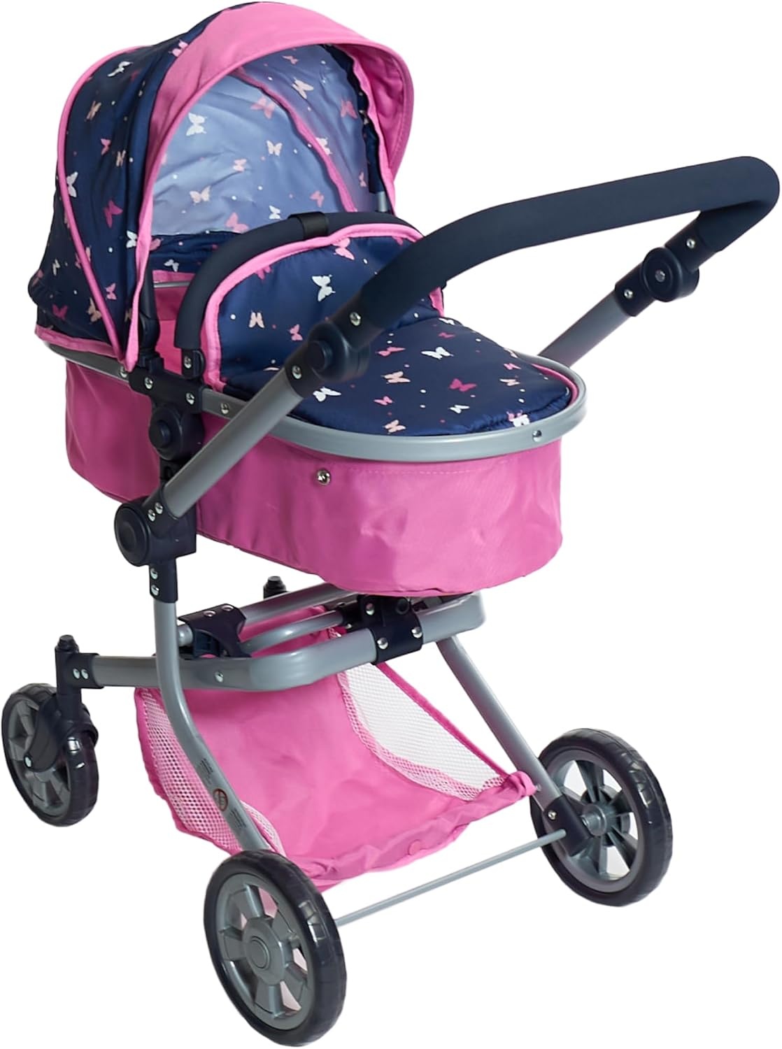 Bayer Chic 2000® 2in1 Puppenwagen Mika – Jeans Pink – faltbar – höhenverstellbarer Griff 47-80 cm – modernes Gestell – Puppen bis 52 cm – 4-8 J.