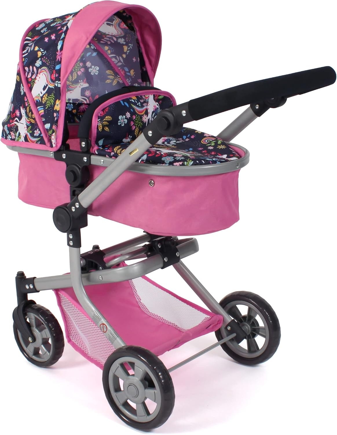 Bayer Chic 2000® 2in1 Puppenwagen Mika – Jeans Pink – faltbar – höhenverstellbarer Griff 47-80 cm – modernes Gestell – Puppen bis 52 cm – 4-8 J.