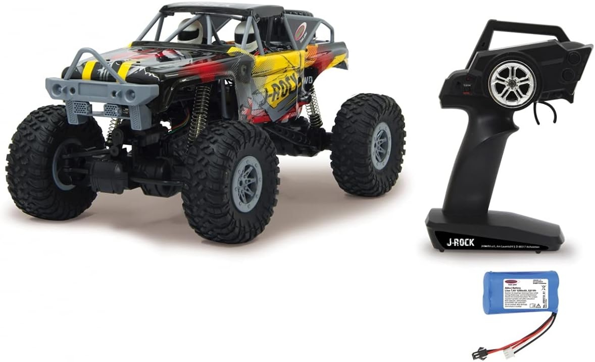 Jamara 410113 410113-J-Rock Crawler 4WD 1:10 Li-Ion 2,4 GHz - rubberen banden, verstelbare baan, 2 aandrijfmotoren, extreme oprijindex voor hellingen, zeer hoge bodemvrijheid