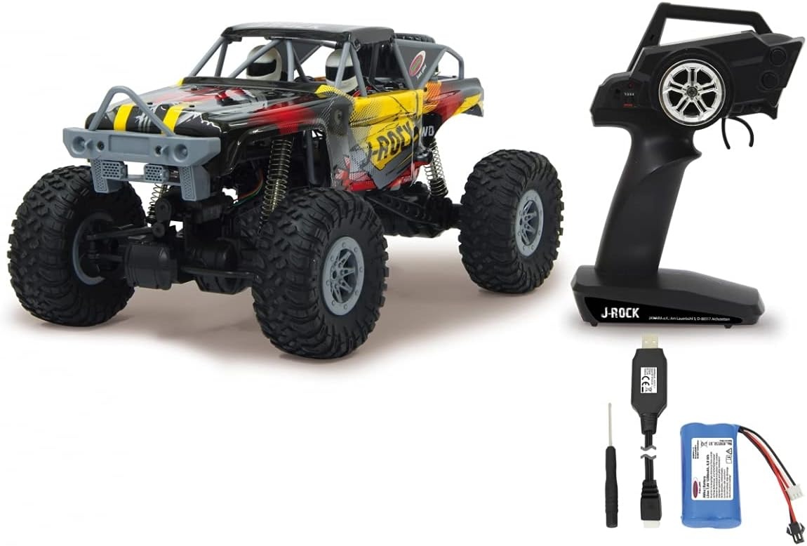 Jamara 410113 410113-J-Rock Crawler 4WD 1:10 Li-Ion 2,4 GHz - rubberen banden, verstelbare baan, 2 aandrijfmotoren, extreme oprijindex voor hellingen, zeer hoge bodemvrijheid