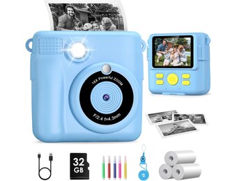 Kinder Instant Camera Blauw met 32GB Kaart & Printpapier - 34% Korting