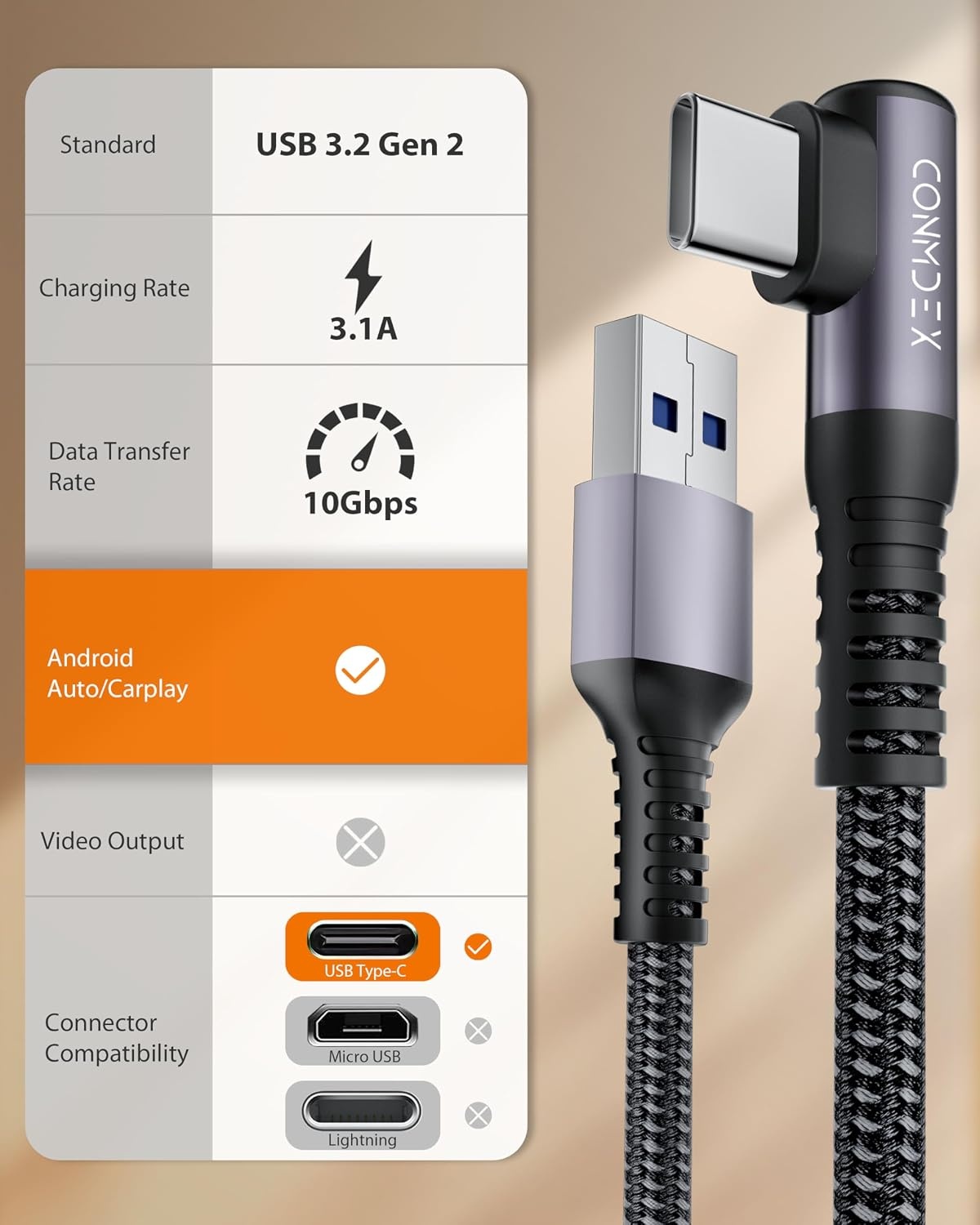 Haakse USB-A naar USB-C Kabel 20 cm - 10 Gbps, 3.1A Snel Opladen - 29% Korting