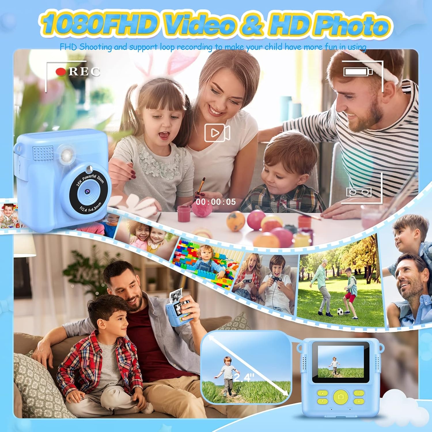 Kinder Instant Camera 1080p - 16x Zoom - Met Opbergtas & 3 Printrollen - 33% Korting