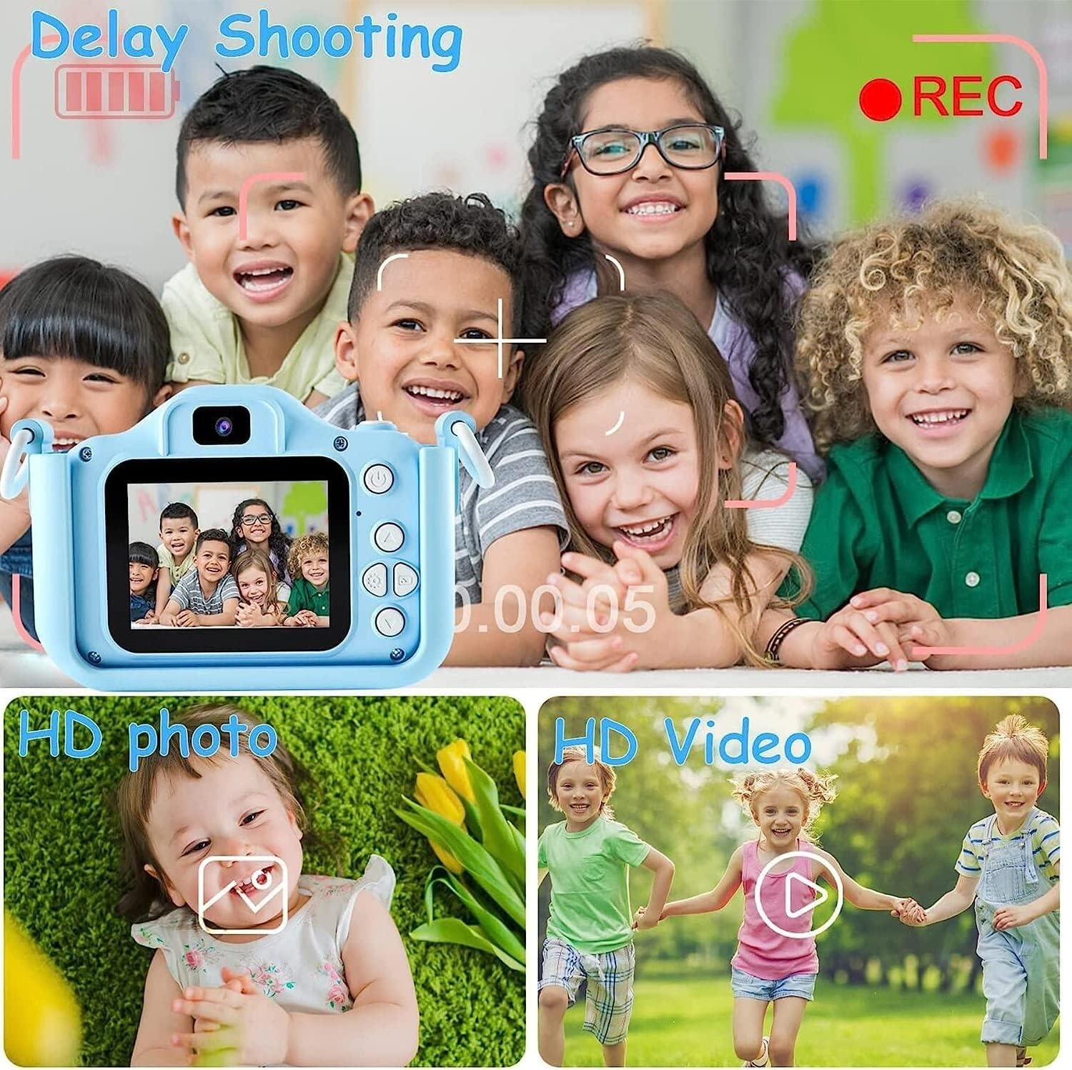 Blauwe Kindercamera met 2" HD Scherm, 1080p Video & Spelletjes - 33% Korting