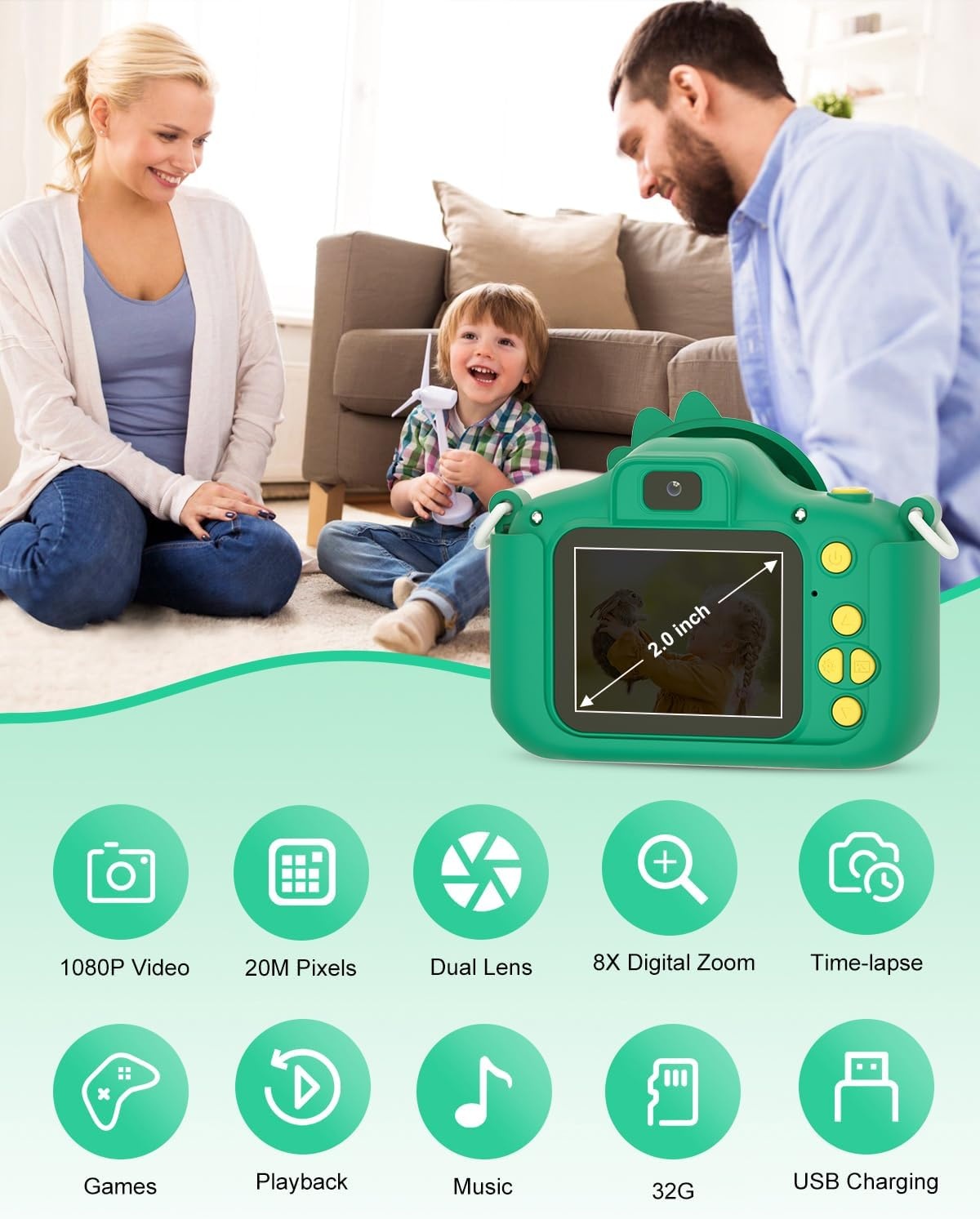 Digitale Kinder Camera 20MP Dubbele Lens - Groen | 33% Korting