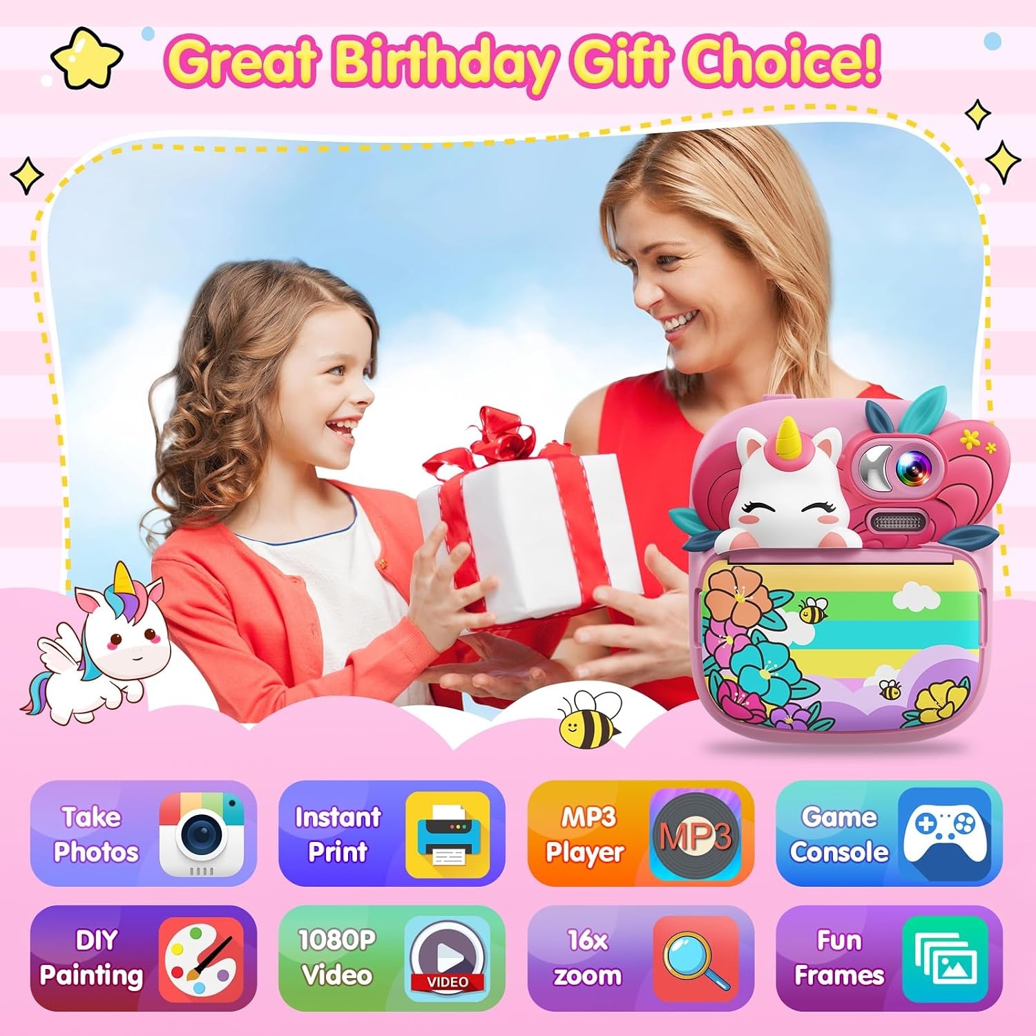 Kinder Instant Camera met Printer - Roze Eenhoorn Design - 34% Korting