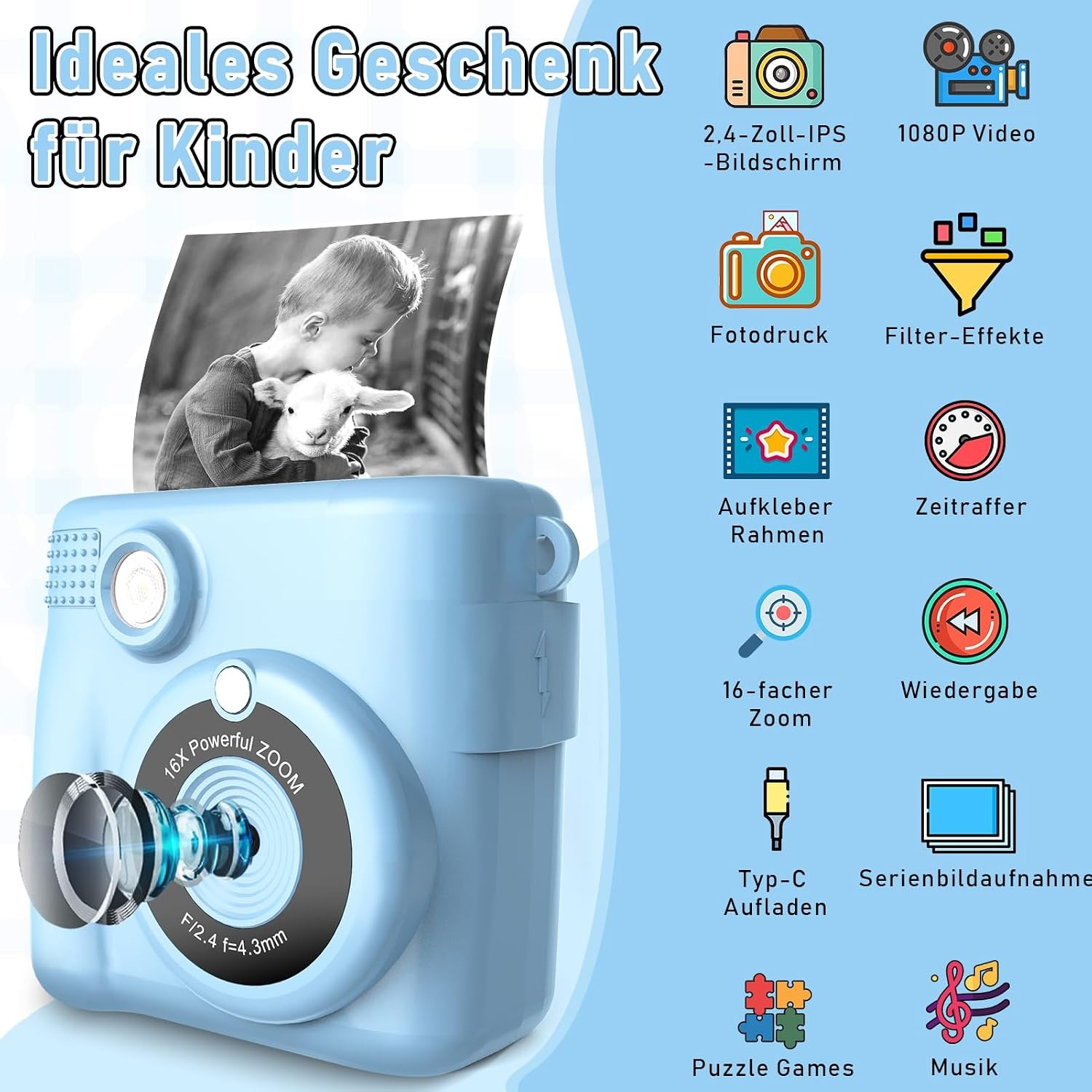 MILFECH Kinder Camera Blauw - Direct Print, 1080P HD, 33% Korting