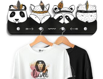 Kinder Wandgarderobe Dierenkoppen Zwart-Wit 39cm - 75% Korting