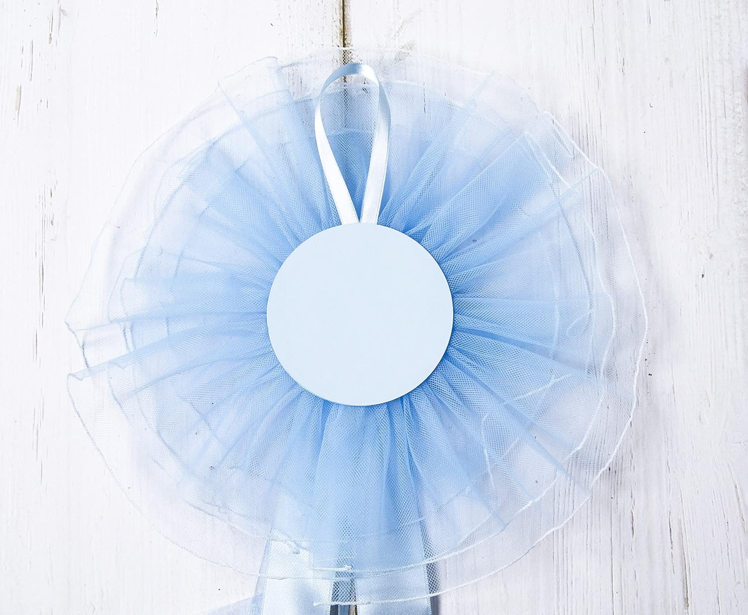 Geboortestrik Lichtblauw Tule met Keramische Schoenjes - 74% Korting!