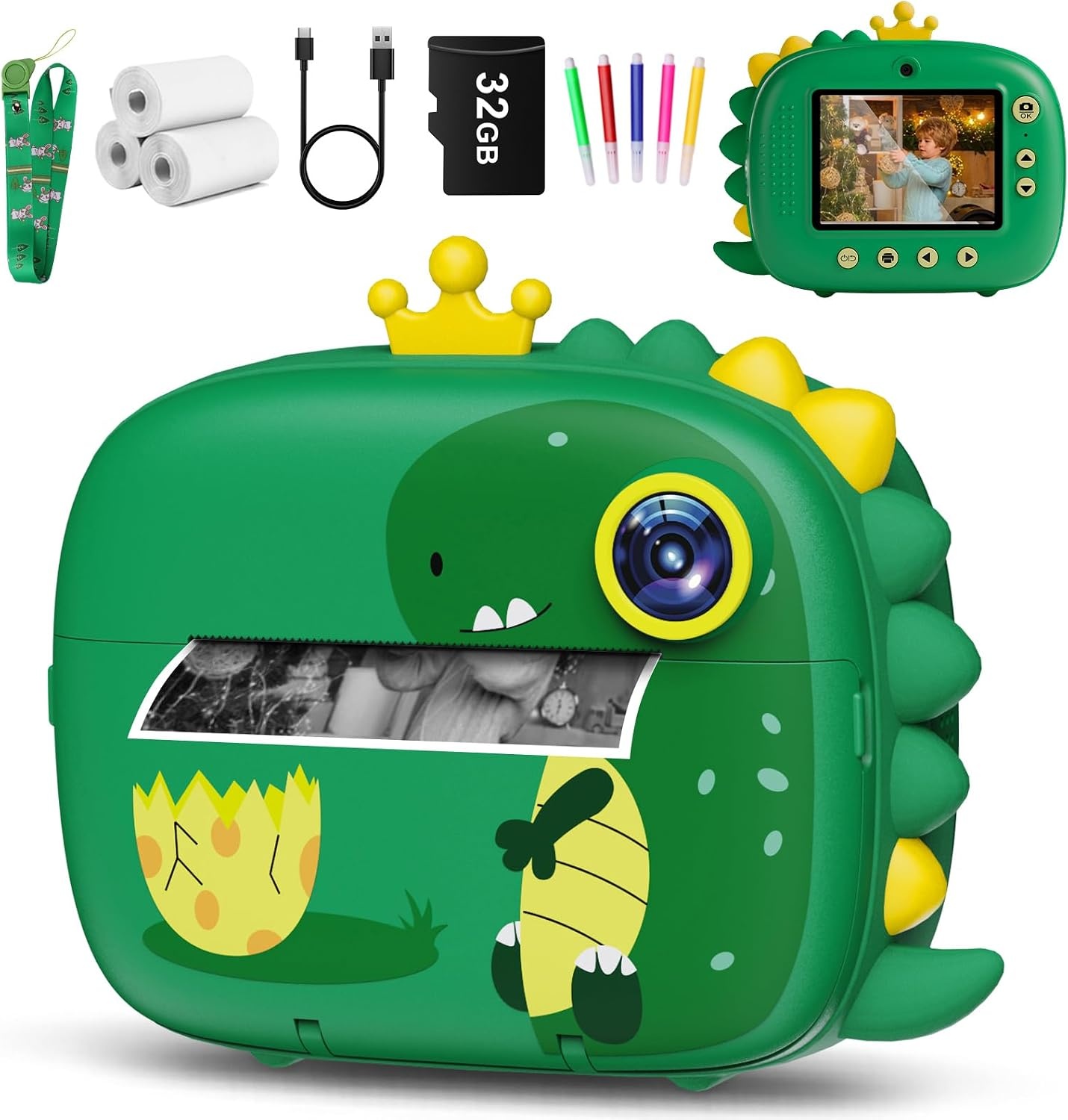 Hangrui Instant kindercamera, 1080p camera voor kinderen, direct printen met 32G-kaart, 3 rollen printpapier, 5 gekleurde pennen, cadeau voor kinderen van 3-12 jaar, 2,4 stijl, donkergroen