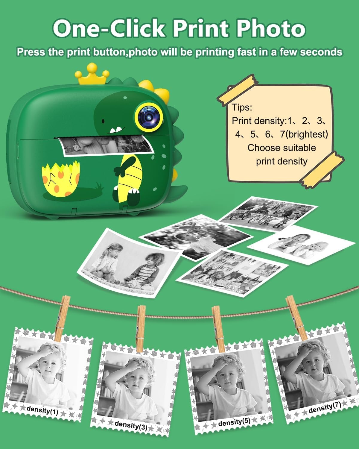 Hangrui Instant kindercamera, 1080p camera voor kinderen, direct printen met 32G-kaart, 3 rollen printpapier, 5 gekleurde pennen, cadeau voor kinderen van 3-12 jaar, 2,4 stijl, donkergroen