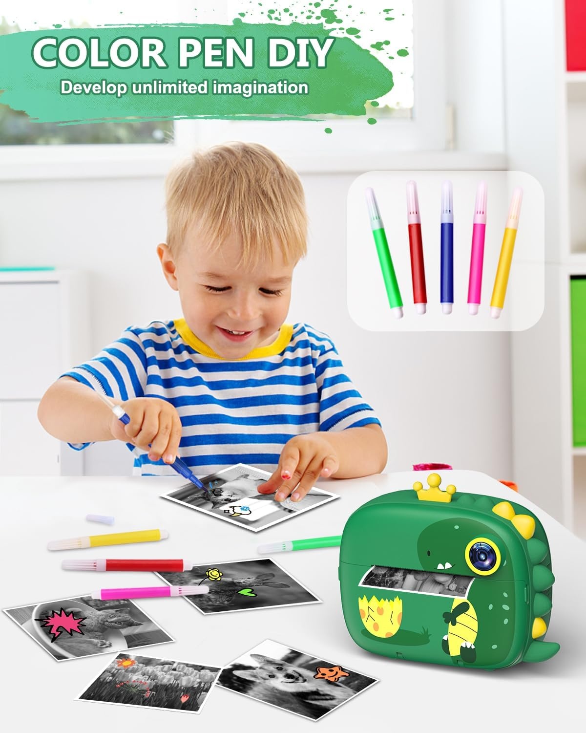 Hangrui Instant kindercamera, 1080p camera voor kinderen, direct printen met 32G-kaart, 3 rollen printpapier, 5 gekleurde pennen, cadeau voor kinderen van 3-12 jaar, 2,4 stijl, donkergroen