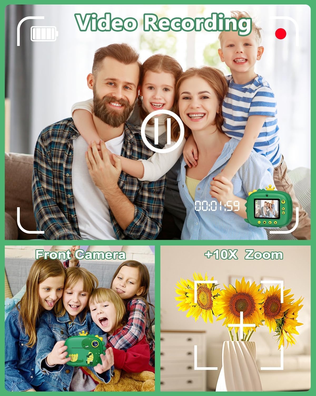 Hangrui Instant kindercamera, 1080p camera voor kinderen, direct printen met 32G-kaart, 3 rollen printpapier, 5 gekleurde pennen, cadeau voor kinderen van 3-12 jaar, 2,4 stijl, donkergroen