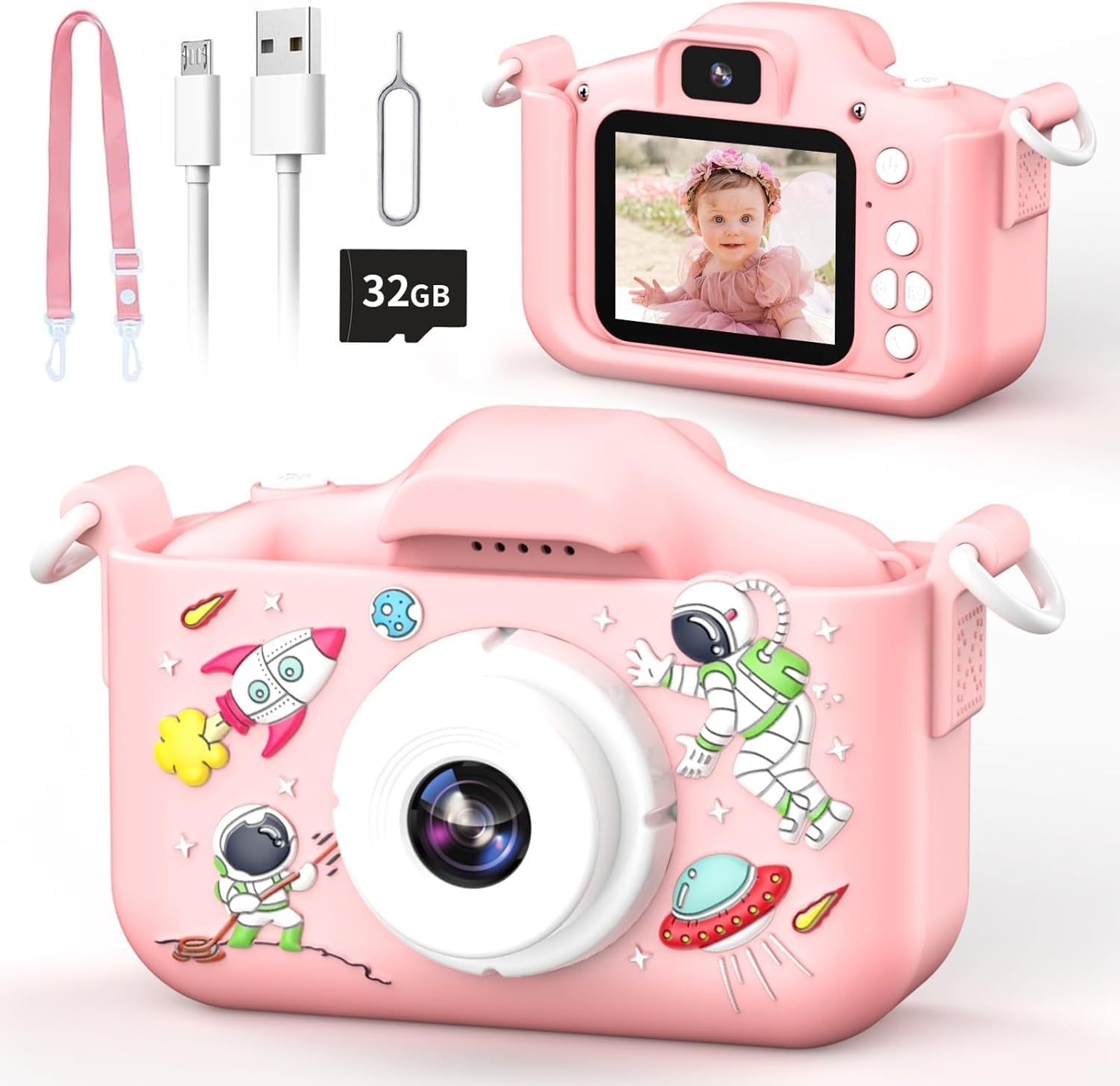 YunLone Astronaut Kinder-camera met 32GB SD-kaart - 12MP - 1080P Video - Roze
