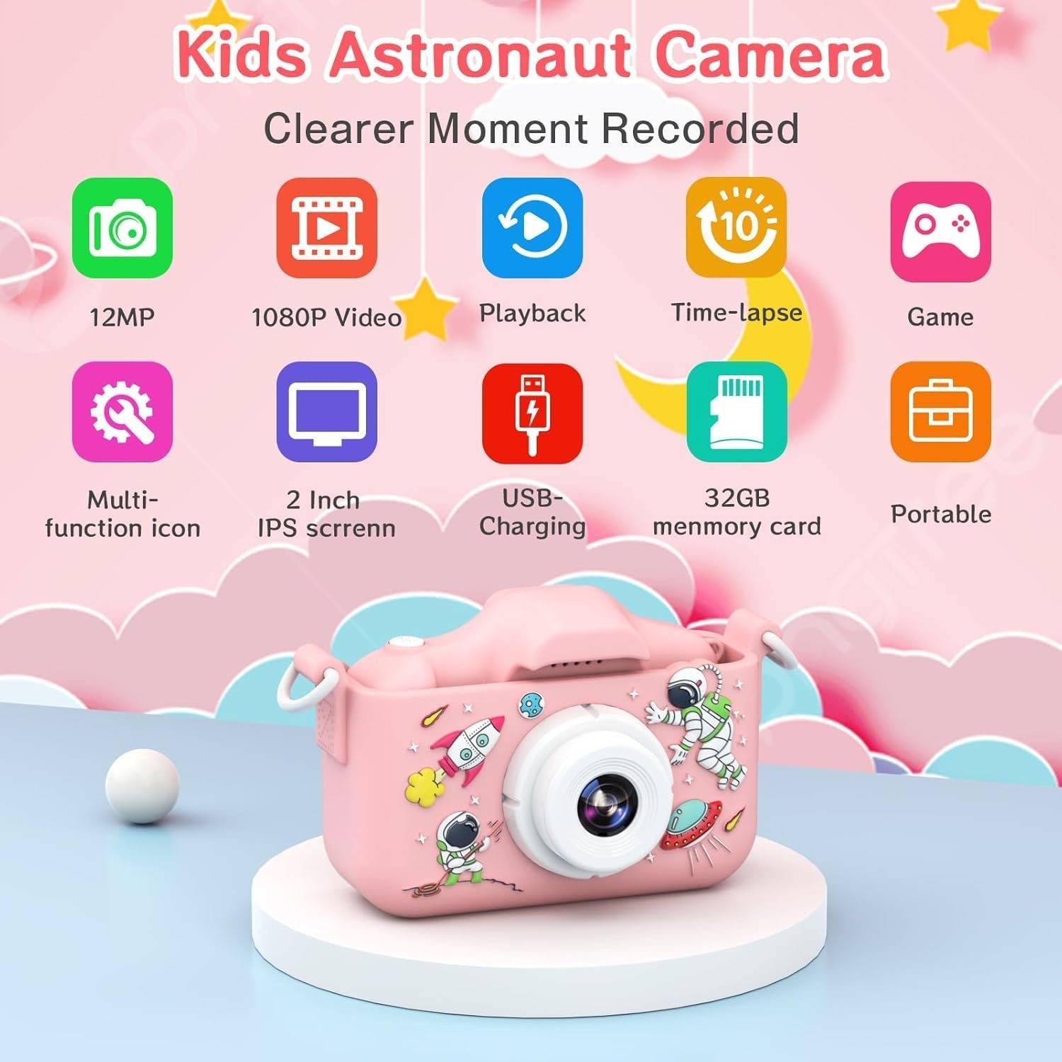 YunLone Astronaut Kinder-camera met 32GB SD-kaart - 12MP - 1080P Video - Roze