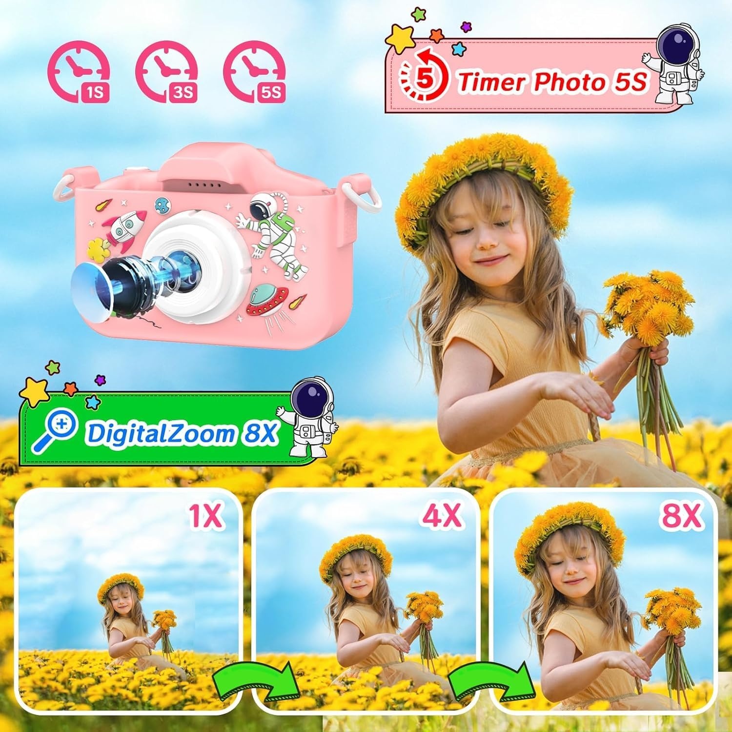 YunLone Astronaut Kinder-camera met 32GB SD-kaart - 12MP - 1080P Video - Roze