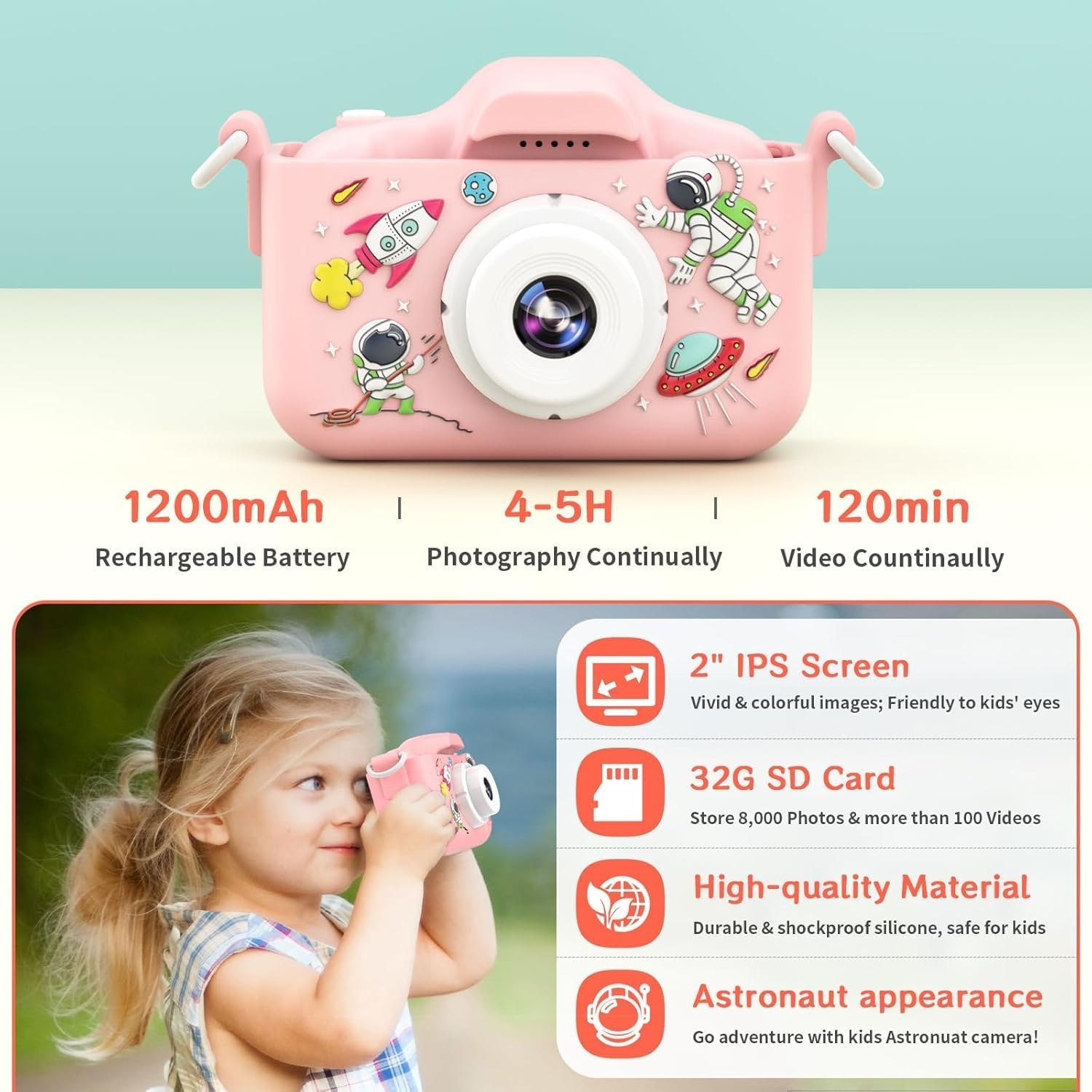 YunLone Astronaut Kinder-camera met 32GB SD-kaart - 12MP - 1080P Video - Roze