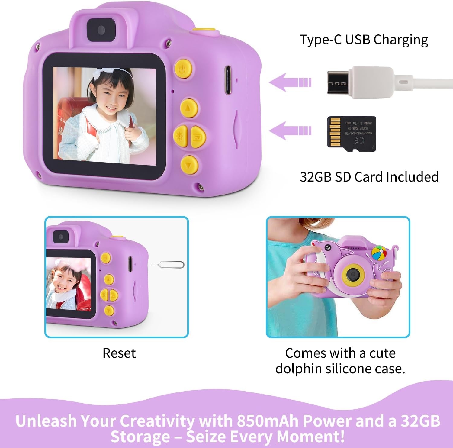 Digitale Kindercamera Dolfijn 40MP 1080P Paars | 32GB SD | USB-C | 33% Korting