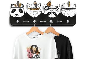 Kinder Wandgarderobe Dierenkoppen Zwart-Wit 39x15cm - 75% Korting!