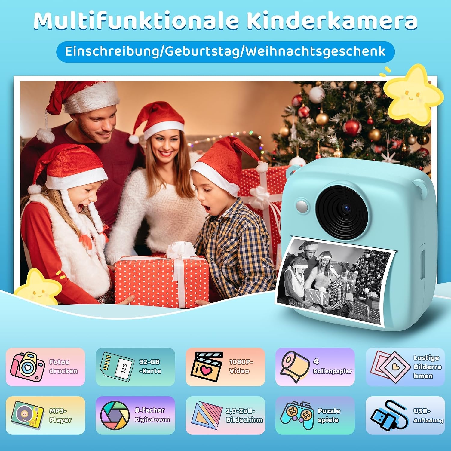 Kinder Direct Print Camera Blauw - 48MP - 32GB Kaart incl. - 34% Korting