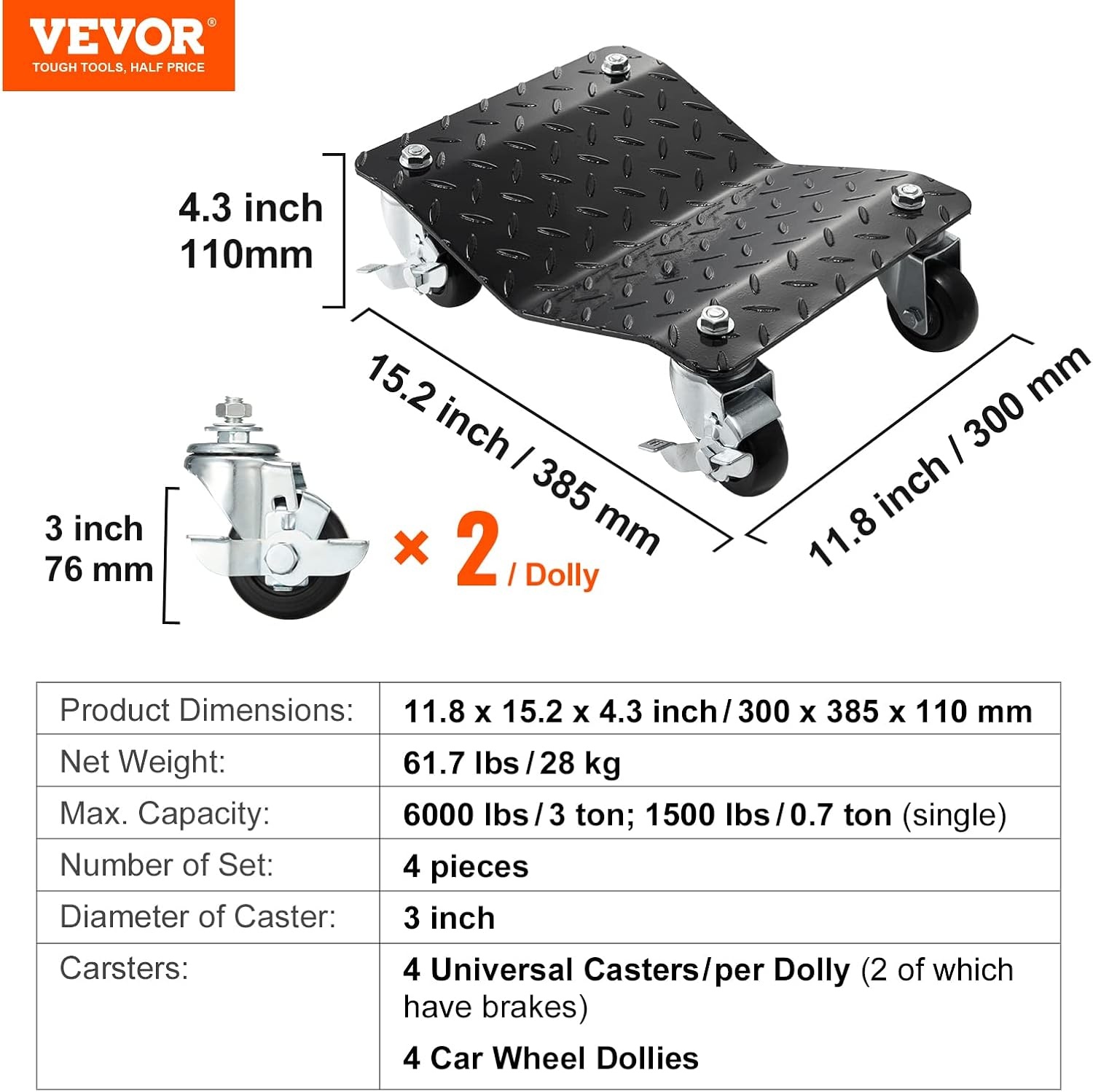 4x Wiel Dolly Set 2720kg voor Auto's & Vrachtwagens - 59% Korting