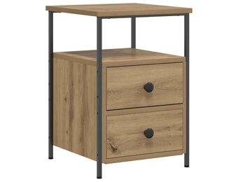 Nachtkastje met 2 Lades en 1 Vak - Bewerkt Hout & Metaal - Eikenkleurig (34x35.5x50 cm) - 34% Korting