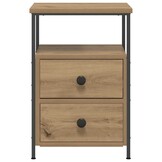 Nachtkastje met 2 Lades en 1 Vak - Bewerkt Hout & Metaal - Eikenkleurig (34x35.5x50 cm) - 34% Korting