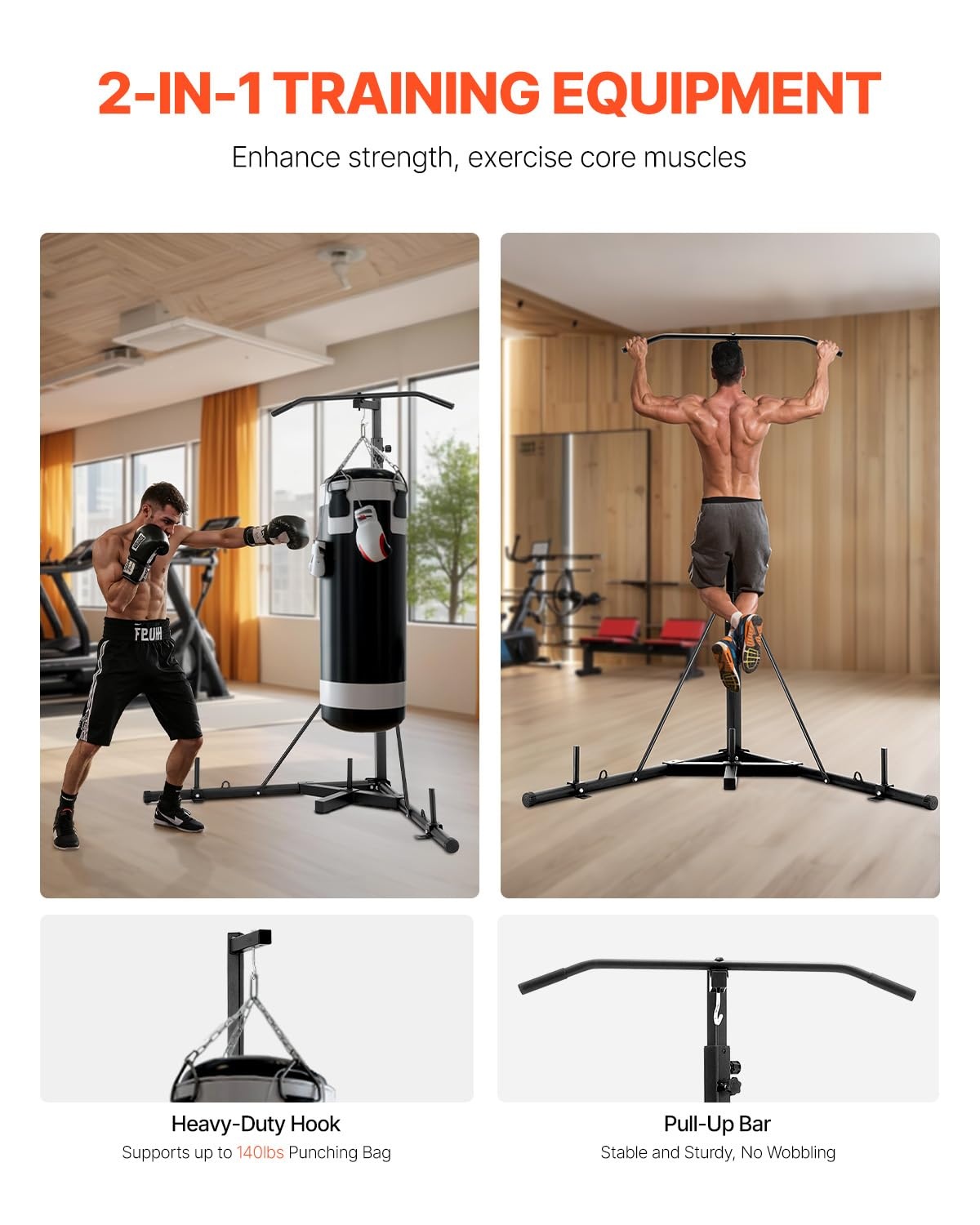 VEVOR 2-in-1 bokszakstandaard, stalen heavy-duty trainingsapparatuur, in hoogte verstelbare bokszakstandaard met optrekstang, vrijstaand zandzakrek, belastbaar tot 63,5 kg, voor thuisgymnastiek en