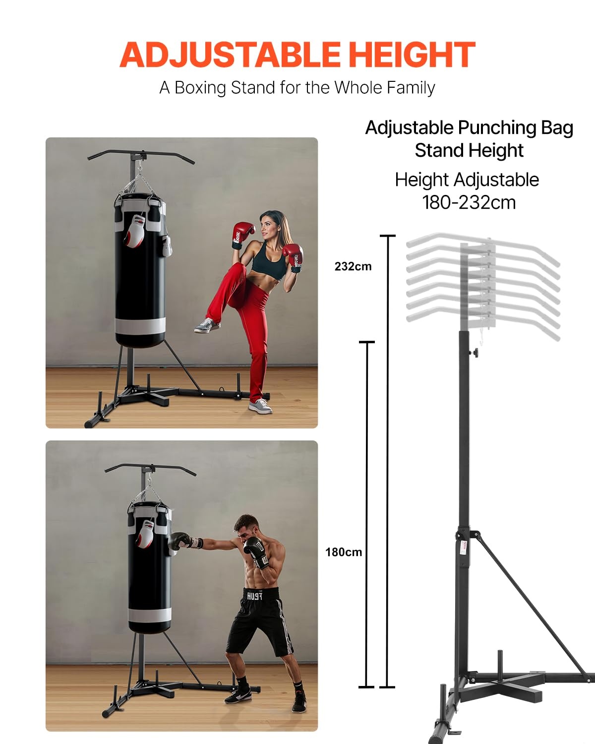 VEVOR 2-in-1 bokszakstandaard, stalen heavy-duty trainingsapparatuur, in hoogte verstelbare bokszakstandaard met optrekstang, vrijstaand zandzakrek, belastbaar tot 63,5 kg, voor thuisgymnastiek en