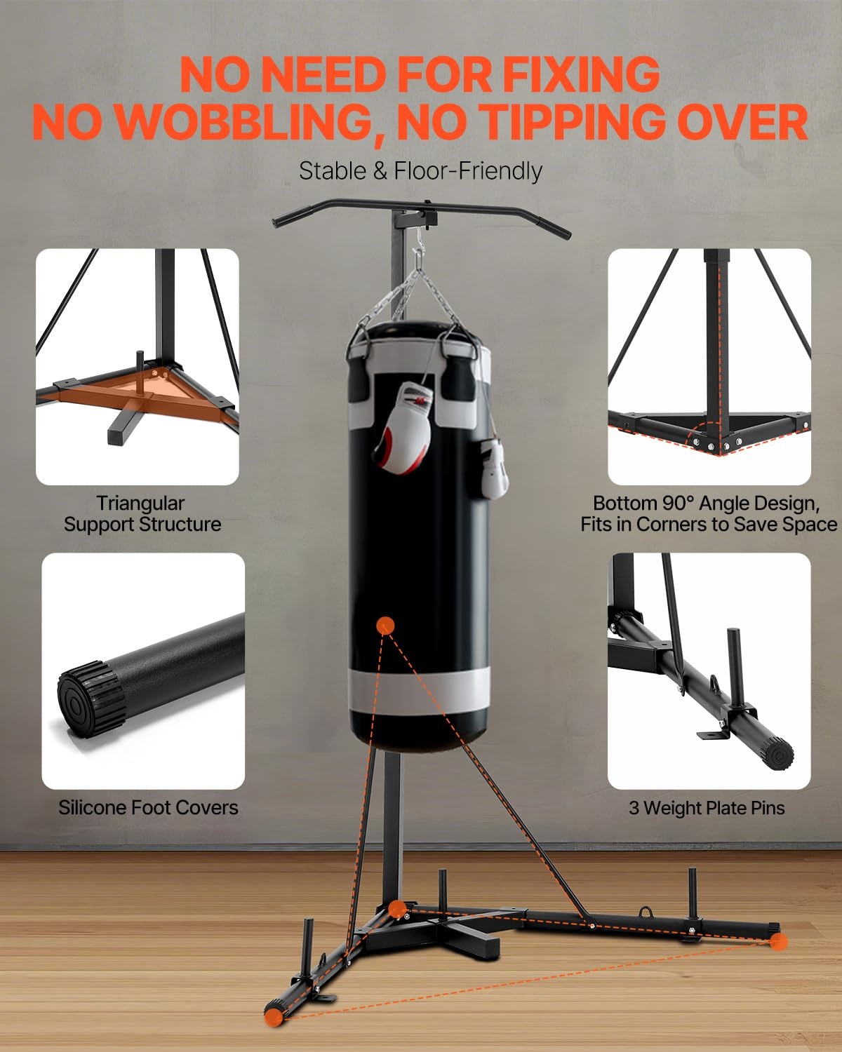 VEVOR 2-in-1 bokszakstandaard, stalen heavy-duty trainingsapparatuur, in hoogte verstelbare bokszakstandaard met optrekstang, vrijstaand zandzakrek, belastbaar tot 63,5 kg, voor thuisgymnastiek en