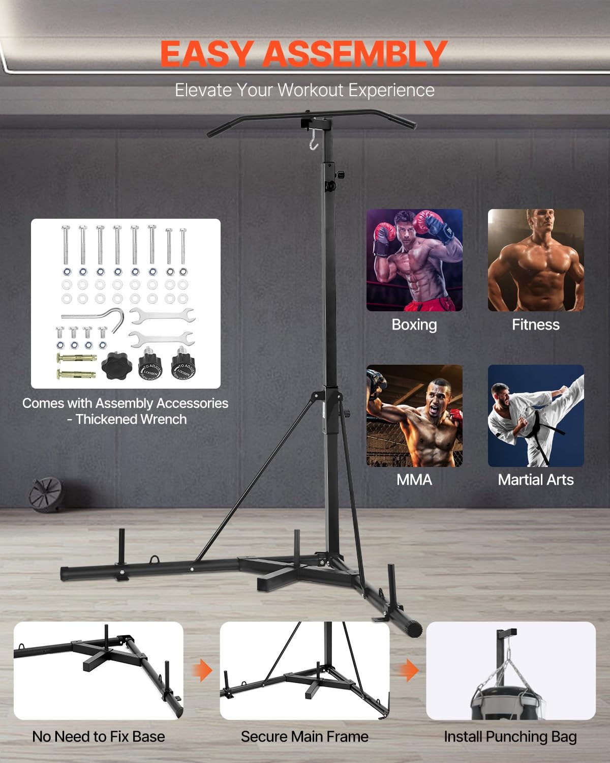 VEVOR 2-in-1 bokszakstandaard, stalen heavy-duty trainingsapparatuur, in hoogte verstelbare bokszakstandaard met optrekstang, vrijstaand zandzakrek, belastbaar tot 63,5 kg, voor thuisgymnastiek en