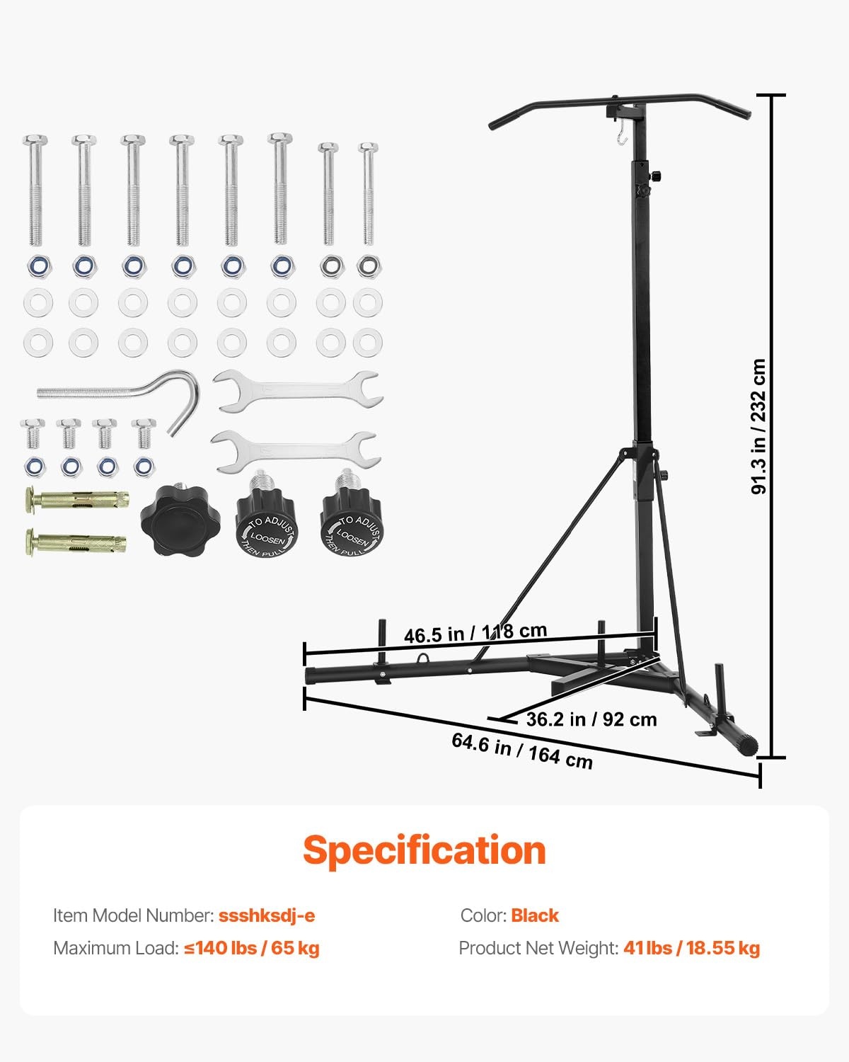 VEVOR 2-in-1 bokszakstandaard, stalen heavy-duty trainingsapparatuur, in hoogte verstelbare bokszakstandaard met optrekstang, vrijstaand zandzakrek, belastbaar tot 63,5 kg, voor thuisgymnastiek en