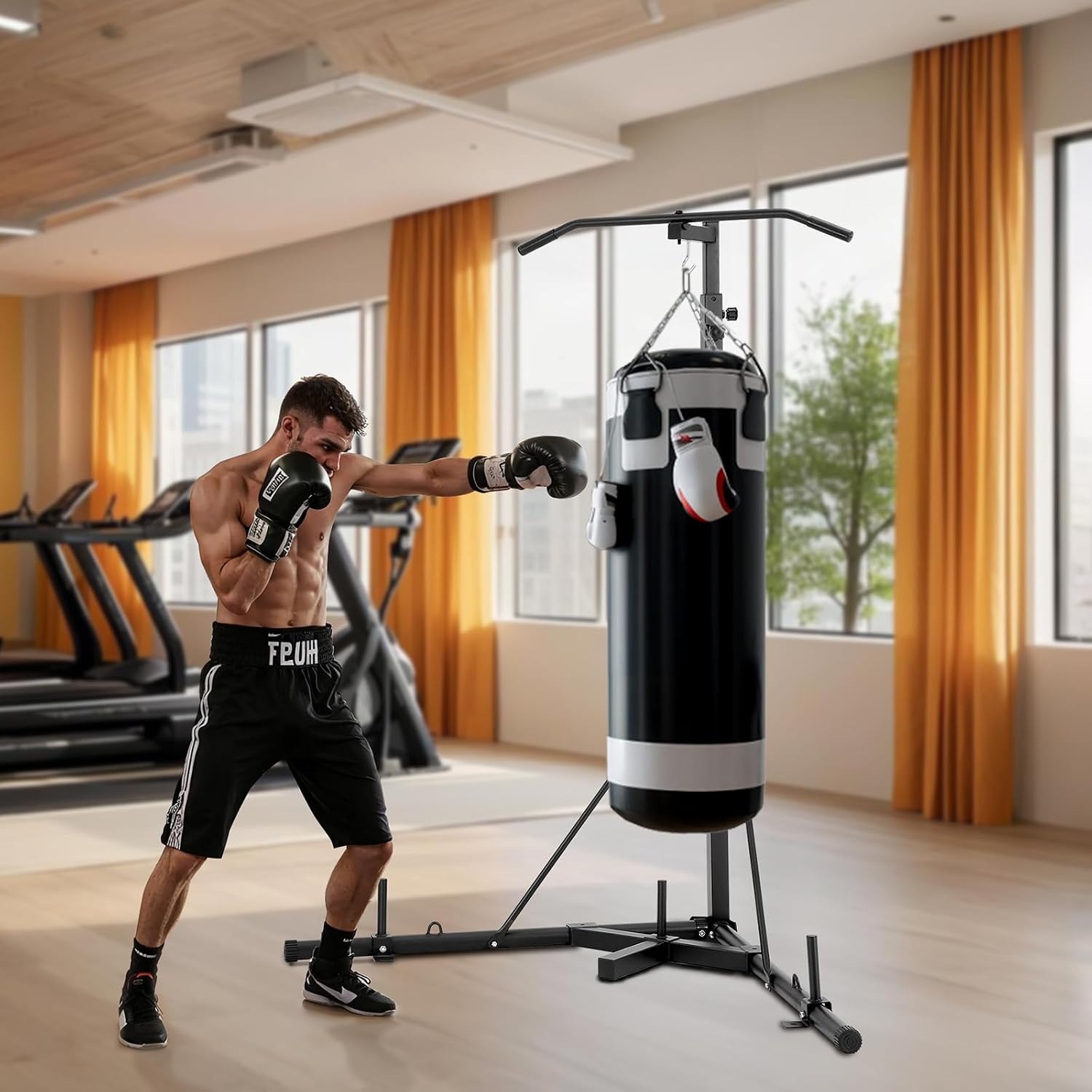 VEVOR 2-in-1 bokszakstandaard, stalen heavy-duty trainingsapparatuur, in hoogte verstelbare bokszakstandaard met optrekstang, vrijstaand zandzakrek, belastbaar tot 63,5 kg, voor thuisgymnastiek en